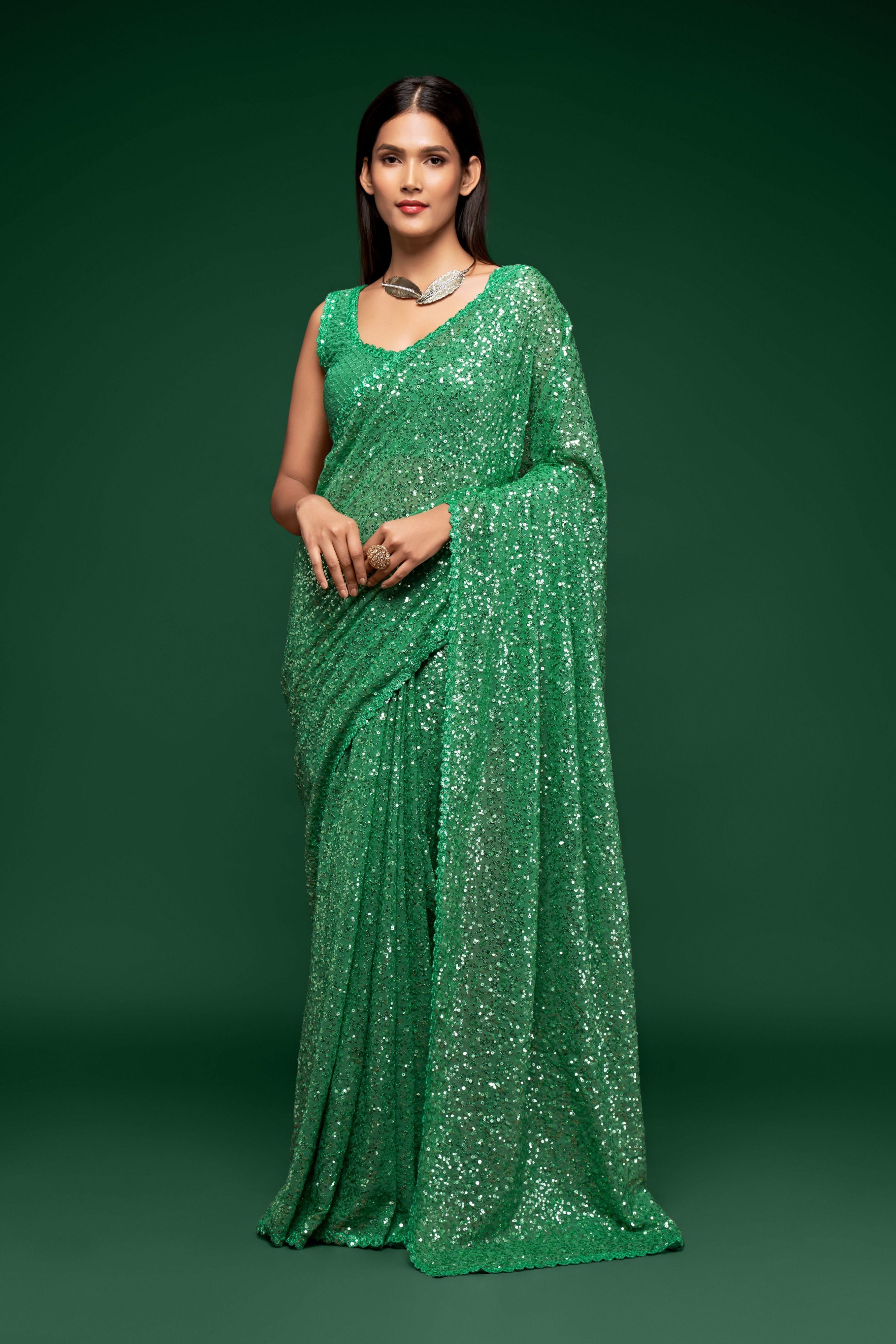 Mint Green Georgette Sequins Saree
