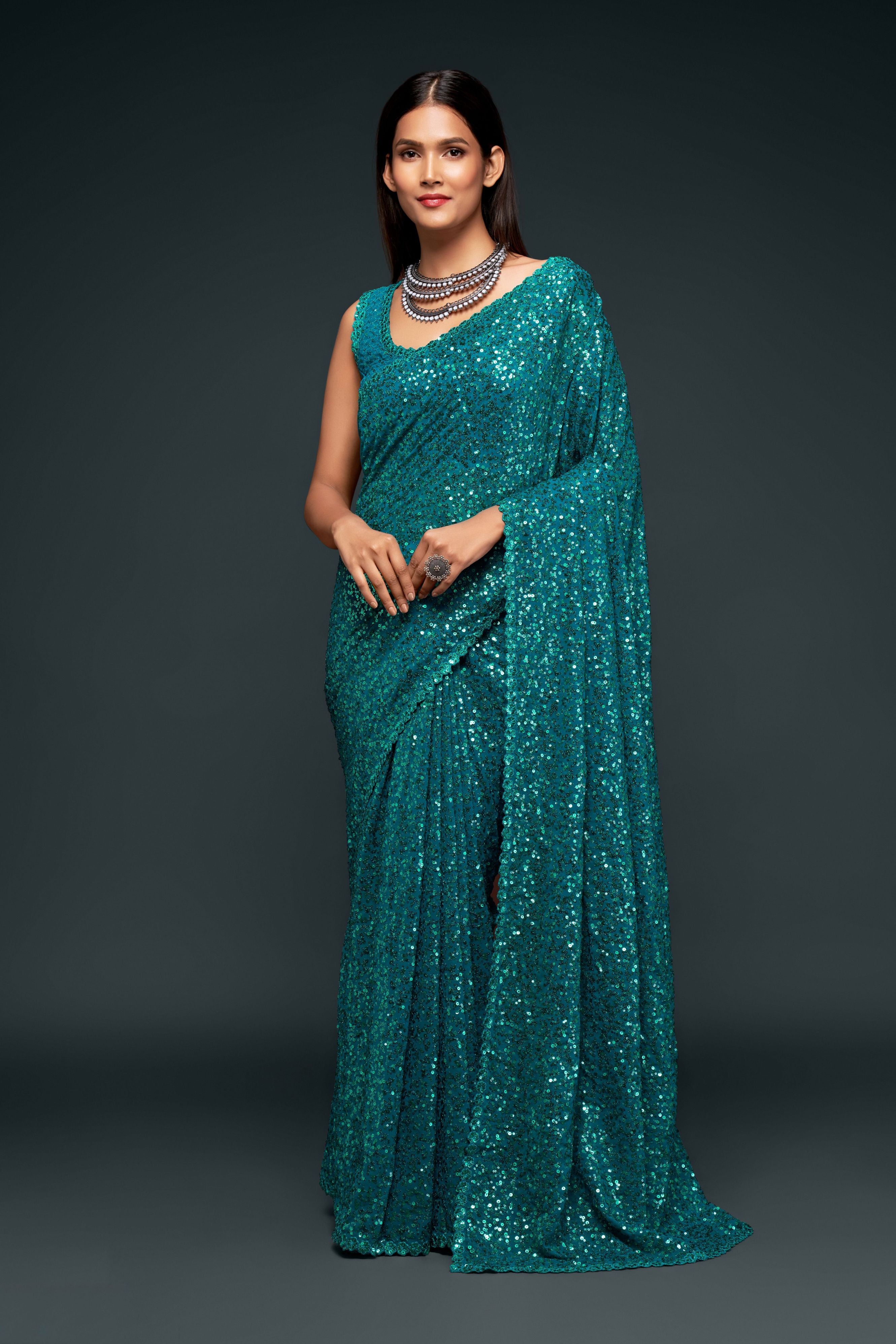Teal Blue Georgette Sequins Saree