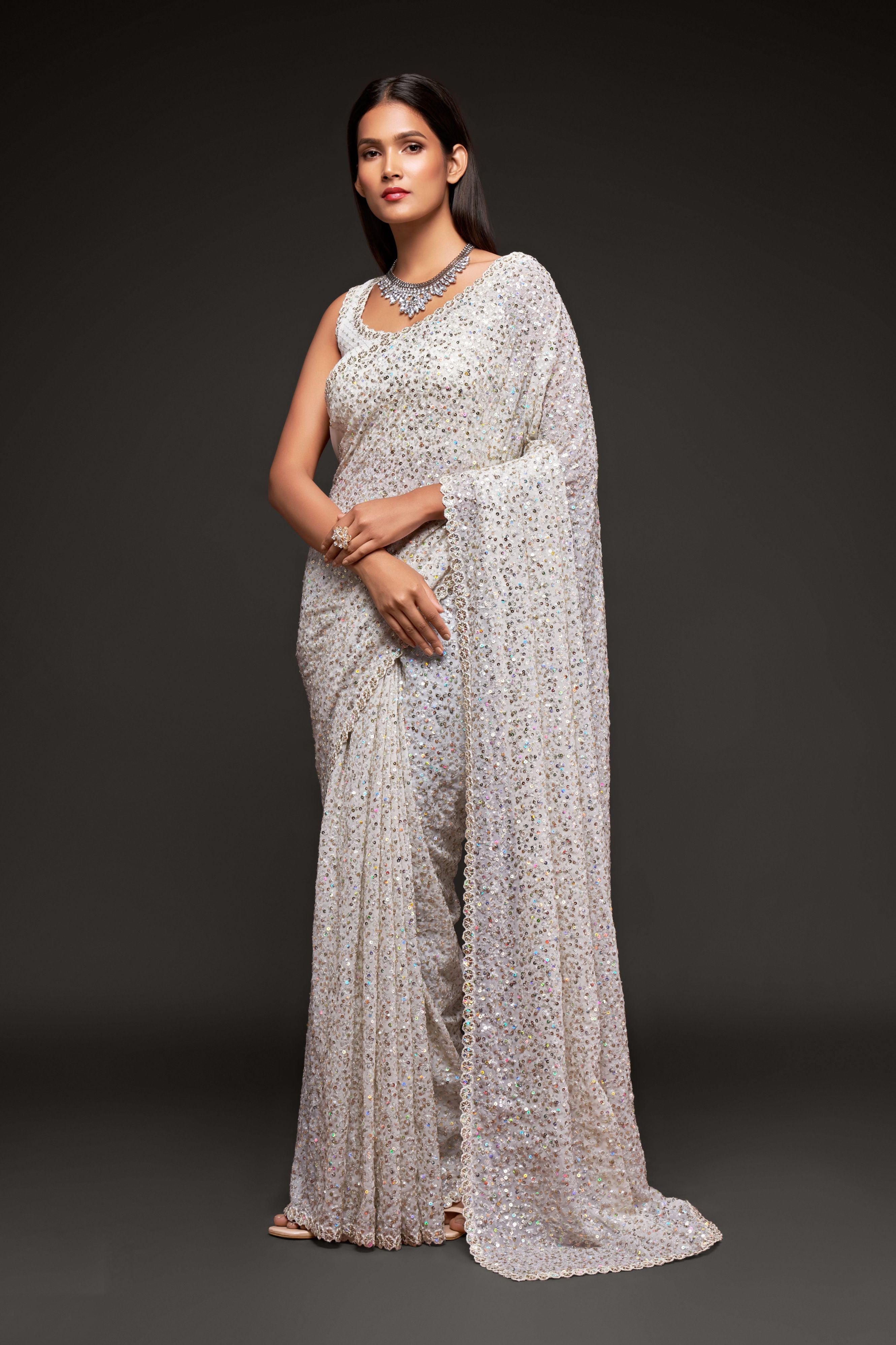 White Georgette Sequins Saree