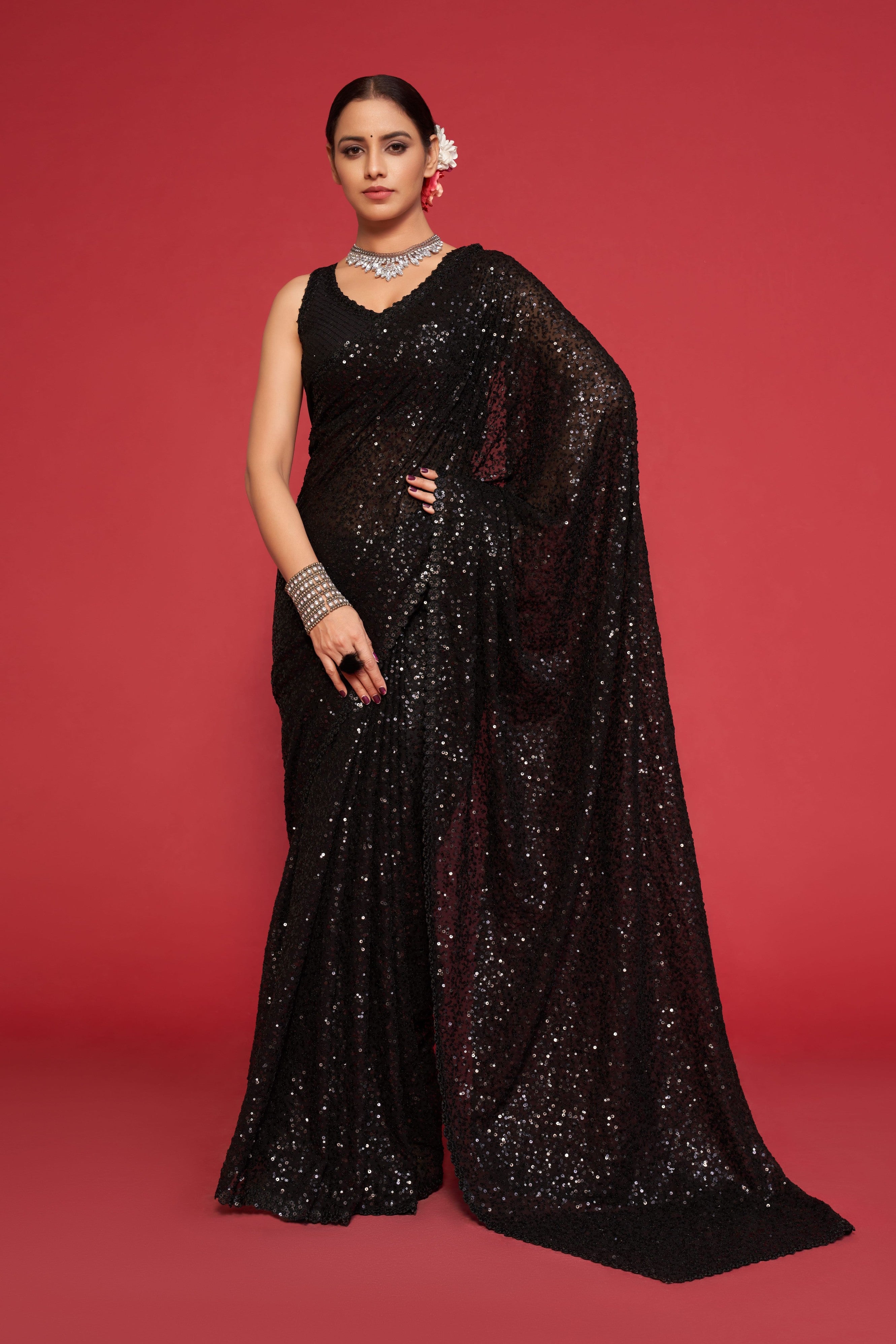 Black Georgette Sequins Saree
