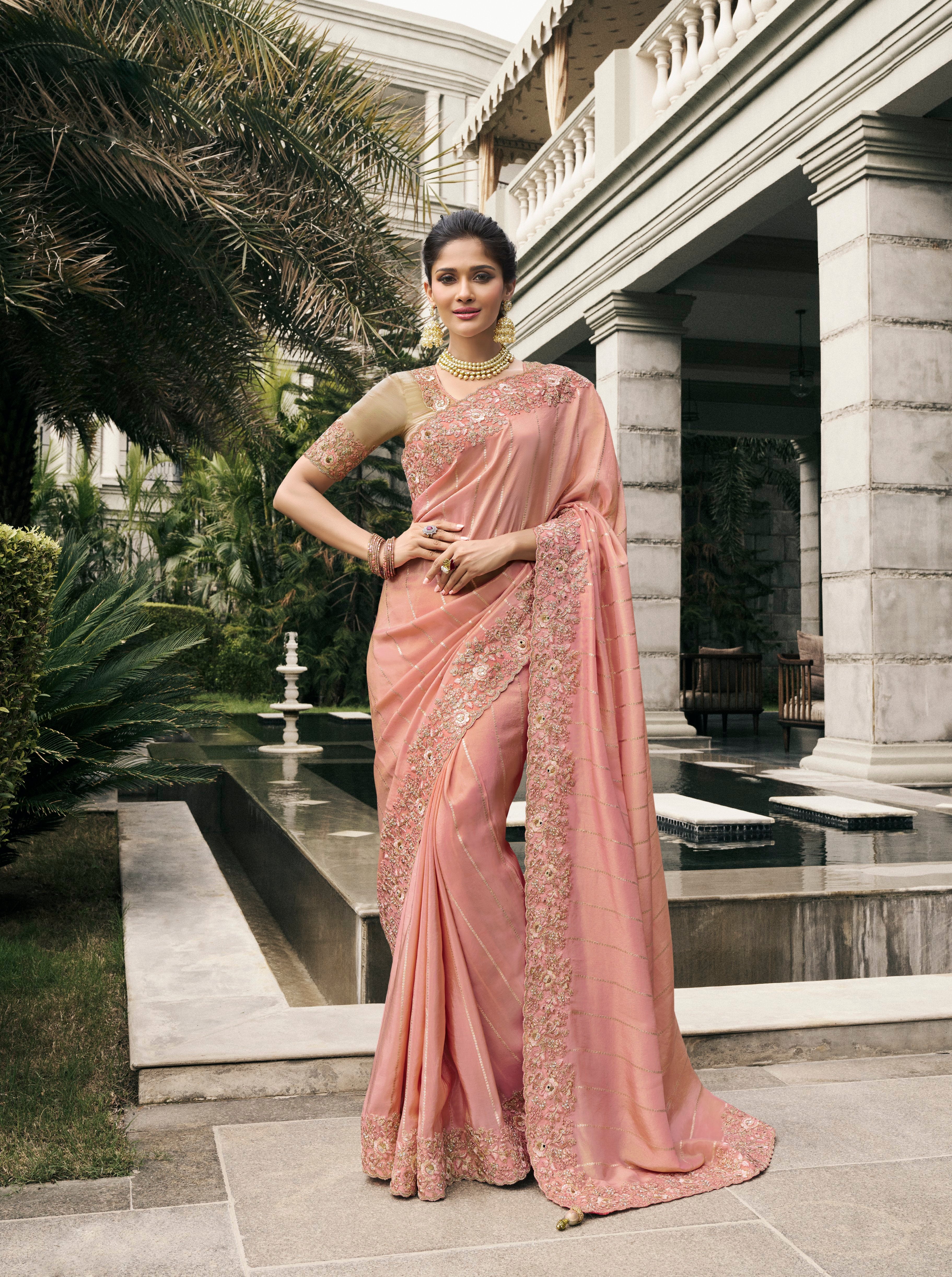 Peach Tissue Silk Zari Weaving Work Saree