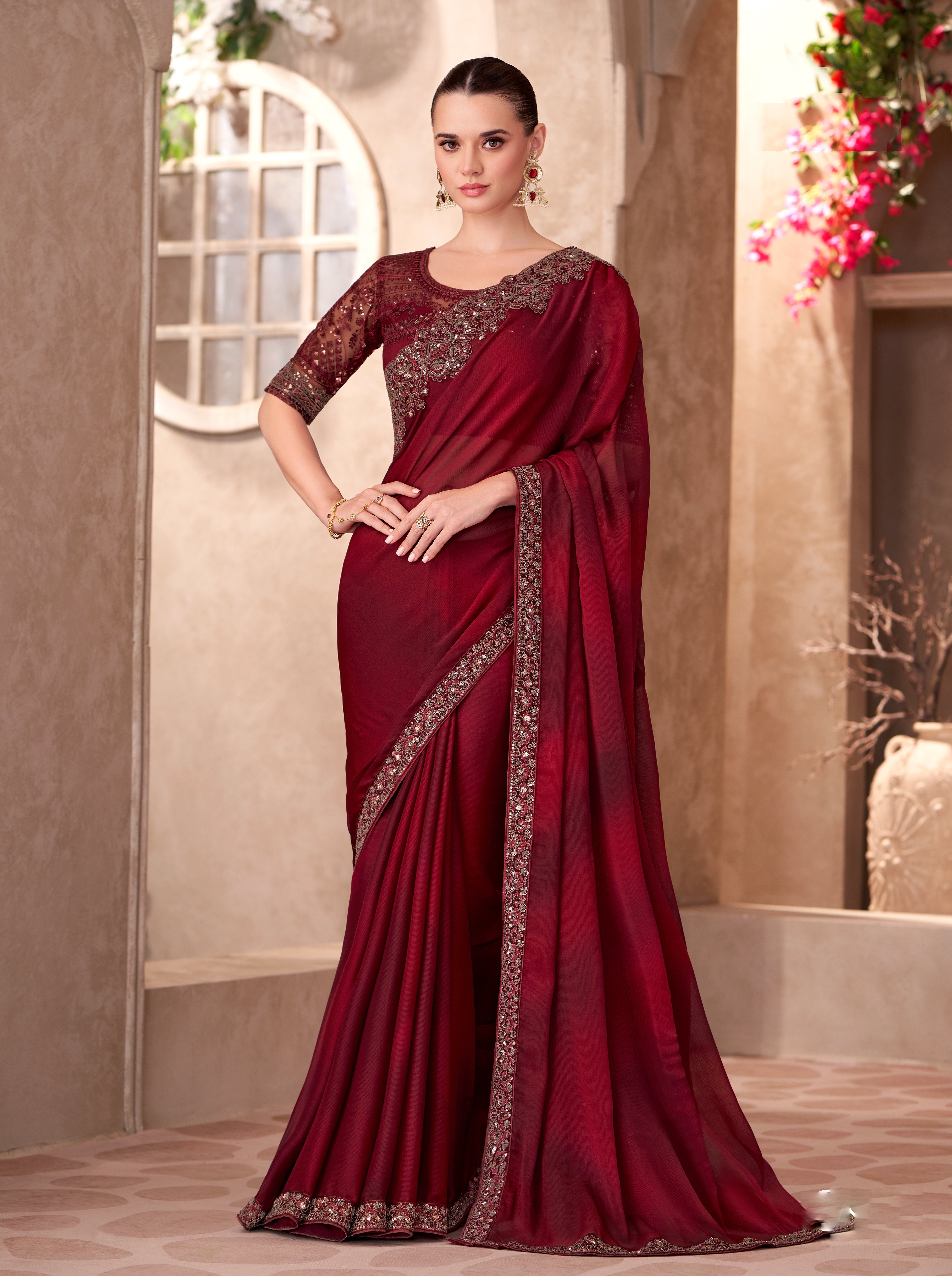 Maroon Sparkle Shaded Chiffon Linen Work Saree