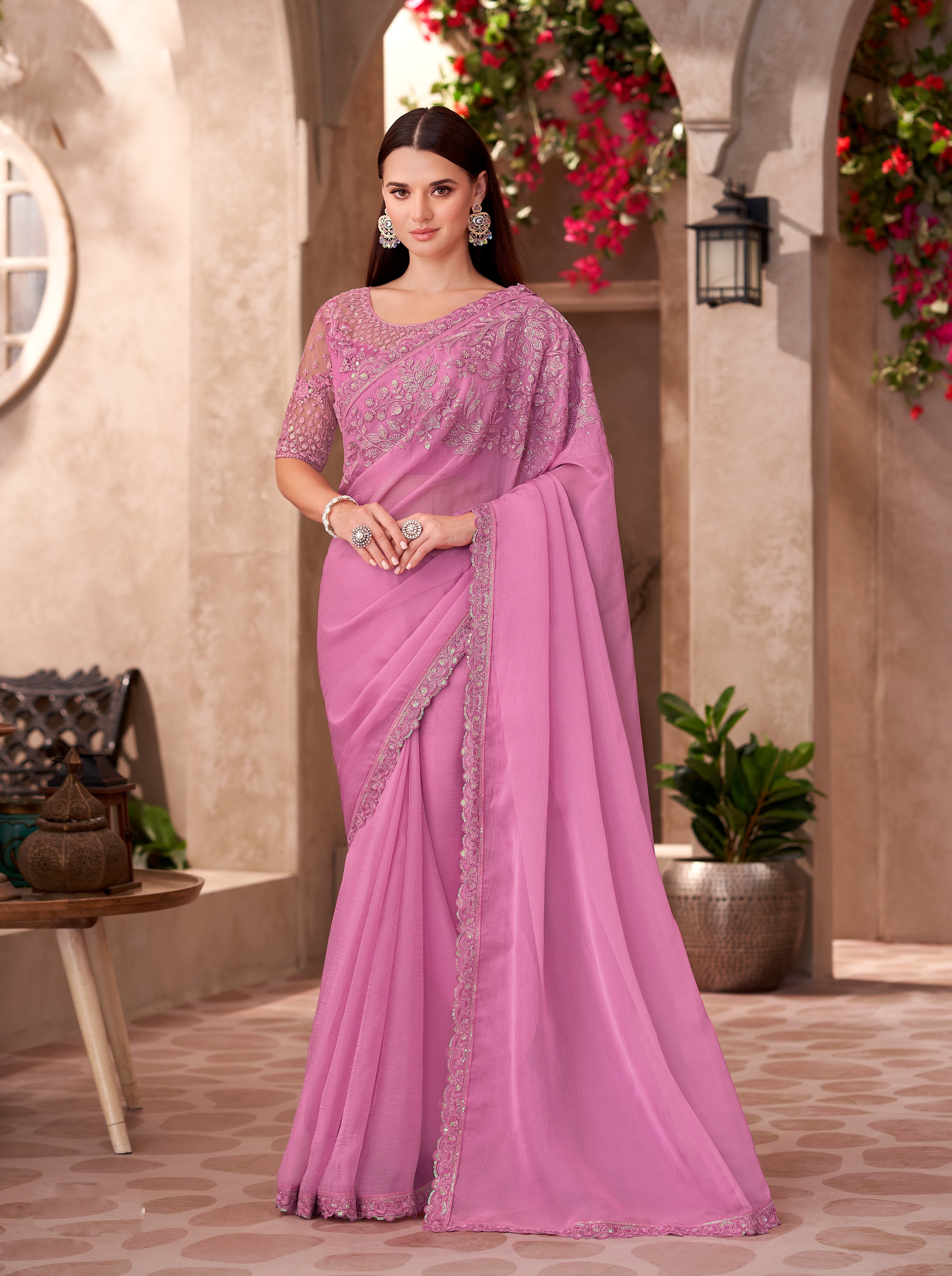 Pink Shine Silk Chiffon Georgette Work Saree