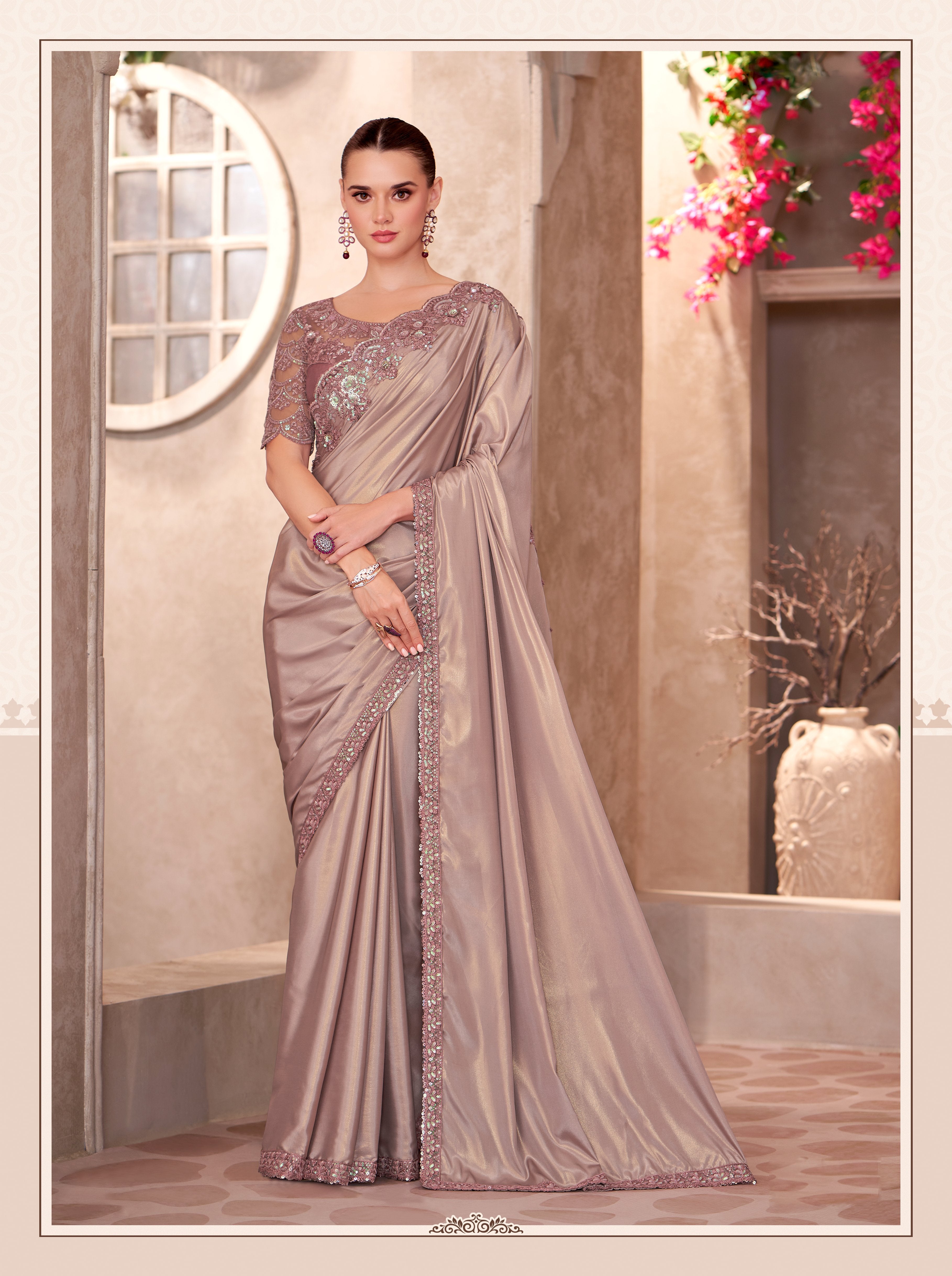 Beige Silk Crape Satin Embroidery Work Saree