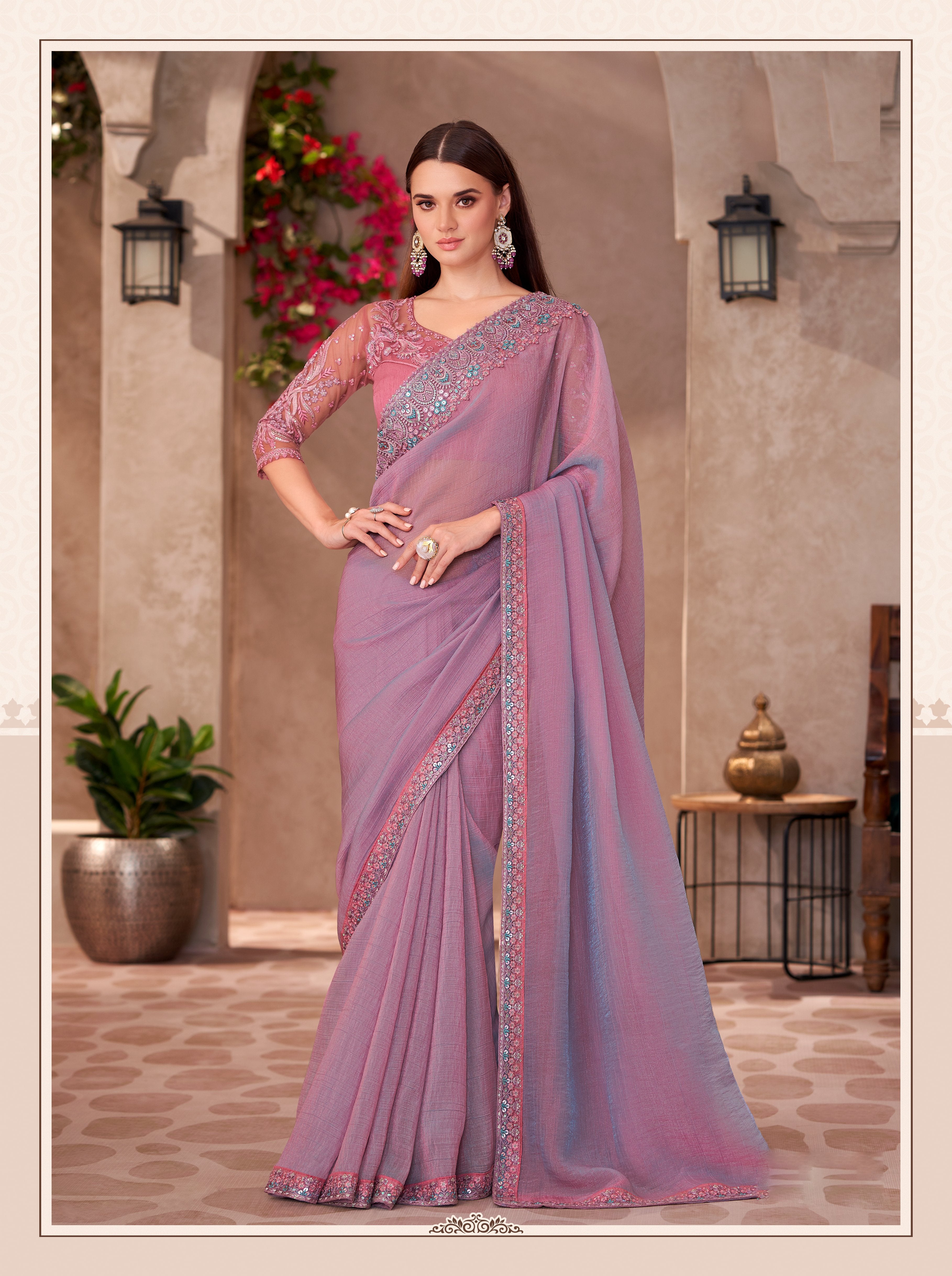 Rich Pink Shining Georgette Linen Work Saree