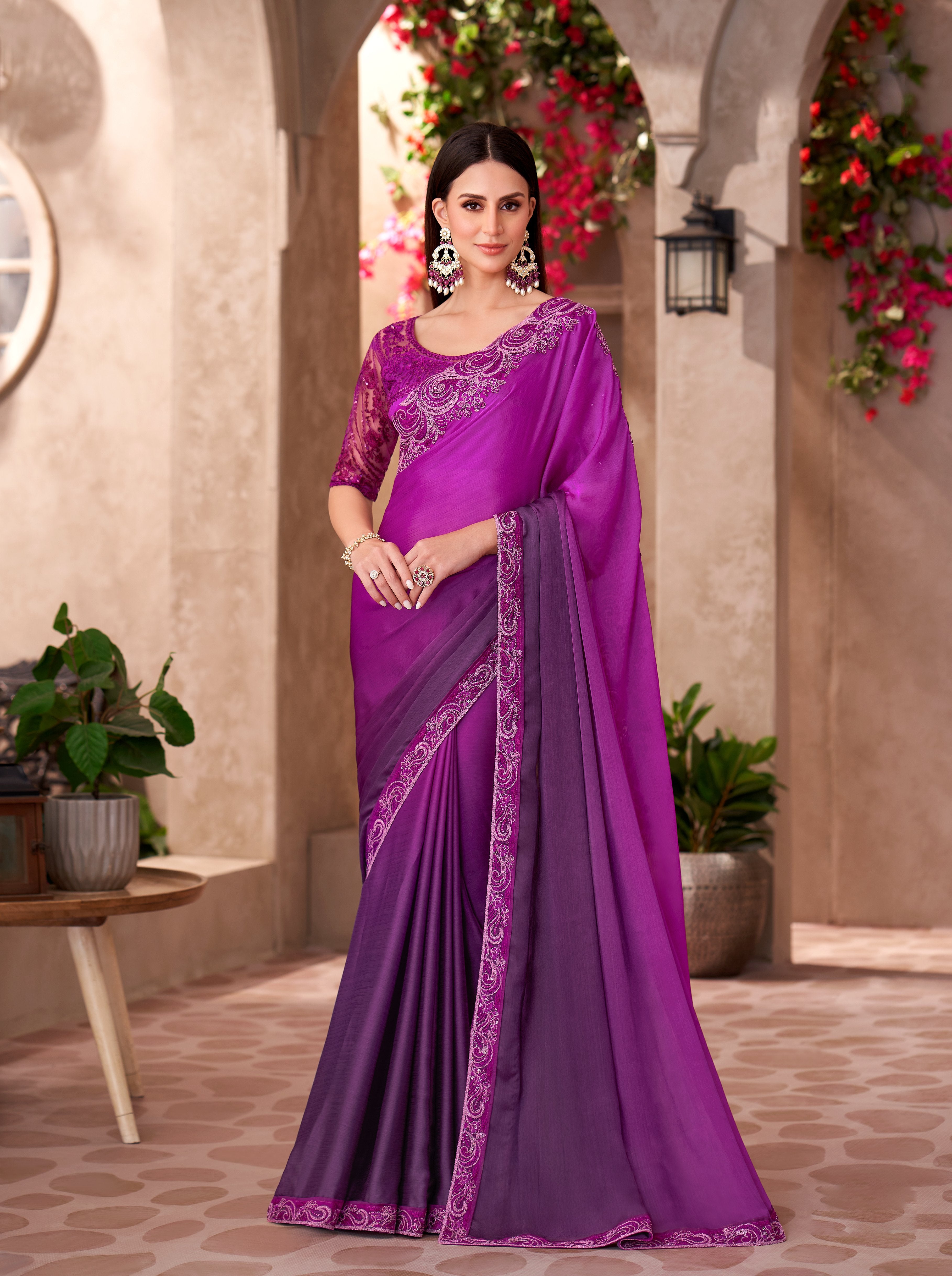 Purple Majestic Shaded Chiffon Satin Work Saree