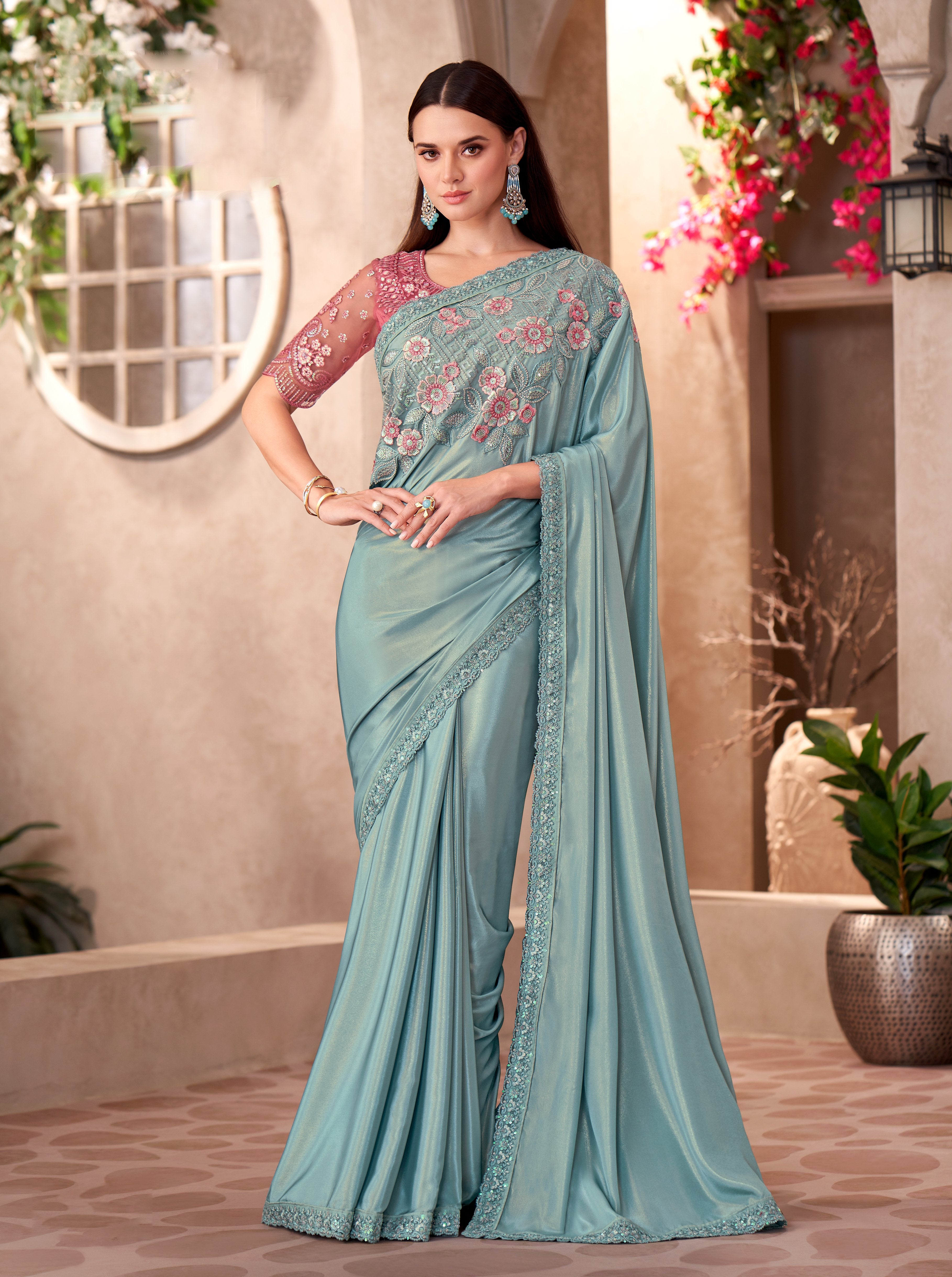 Sky Blue Shimmer Silk Crape Linen Work Saree