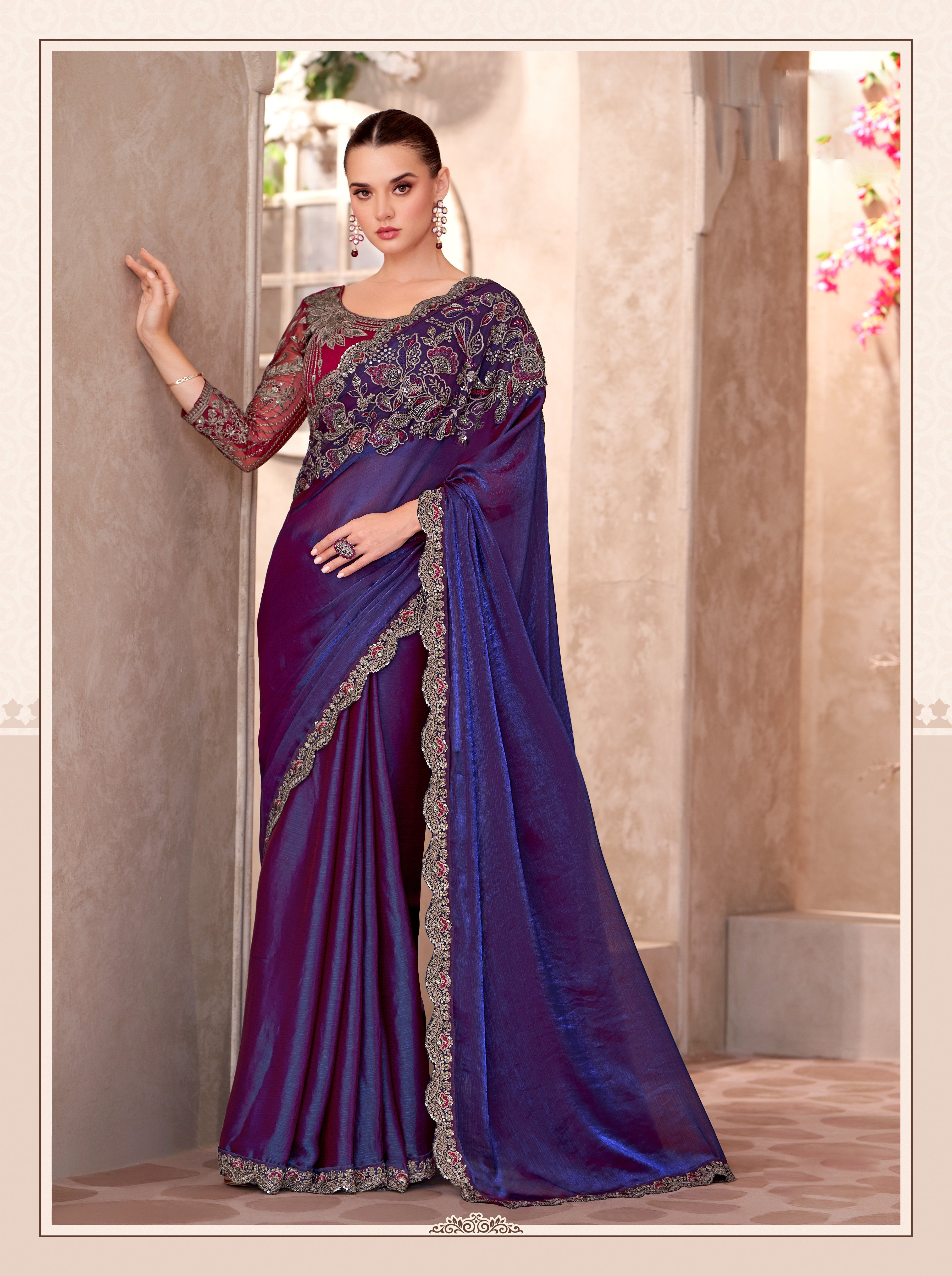 Electric Blue Satin Georgette Work Saree