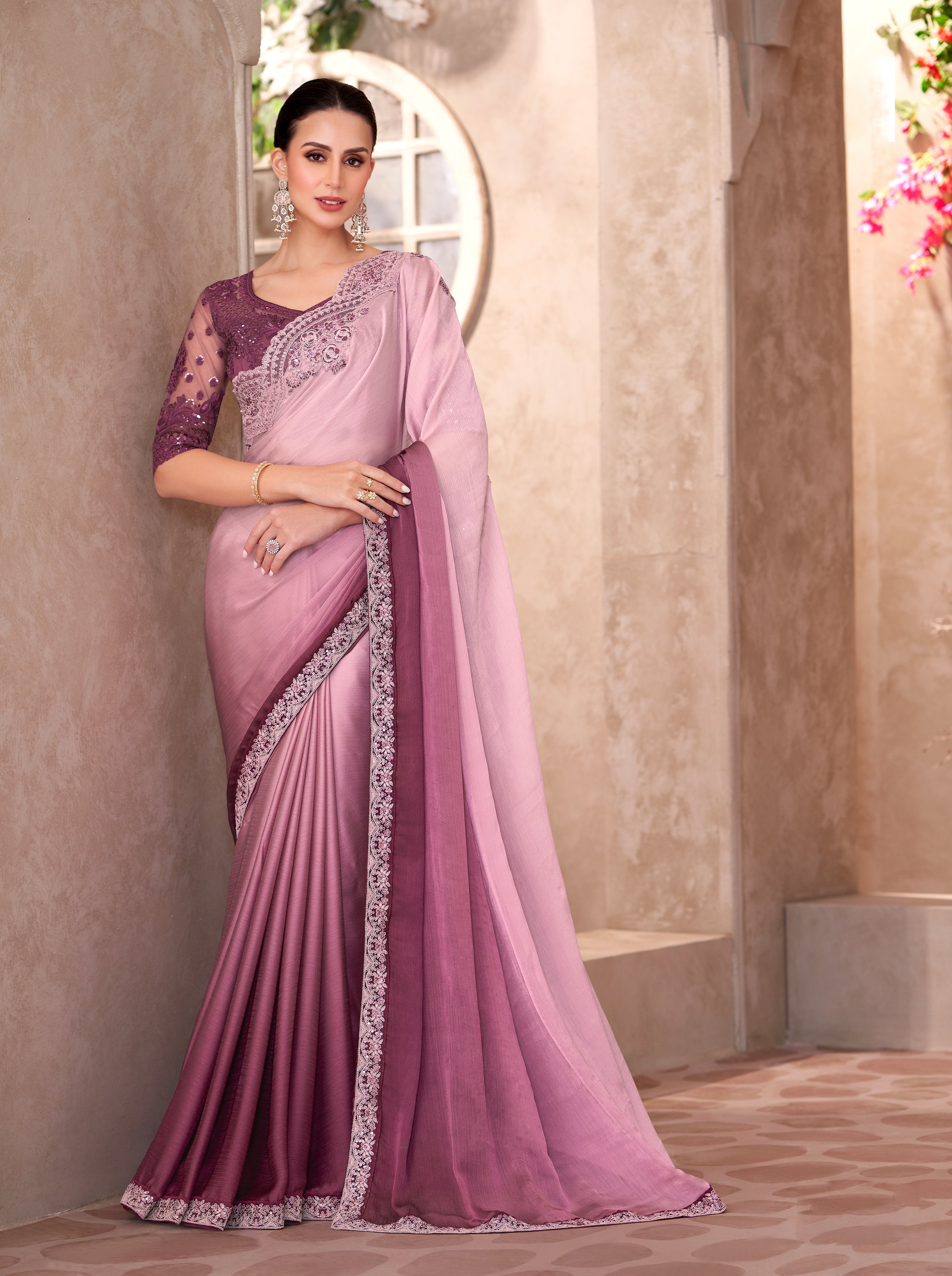 Lavender Chiffon Linen Designer Work Saree