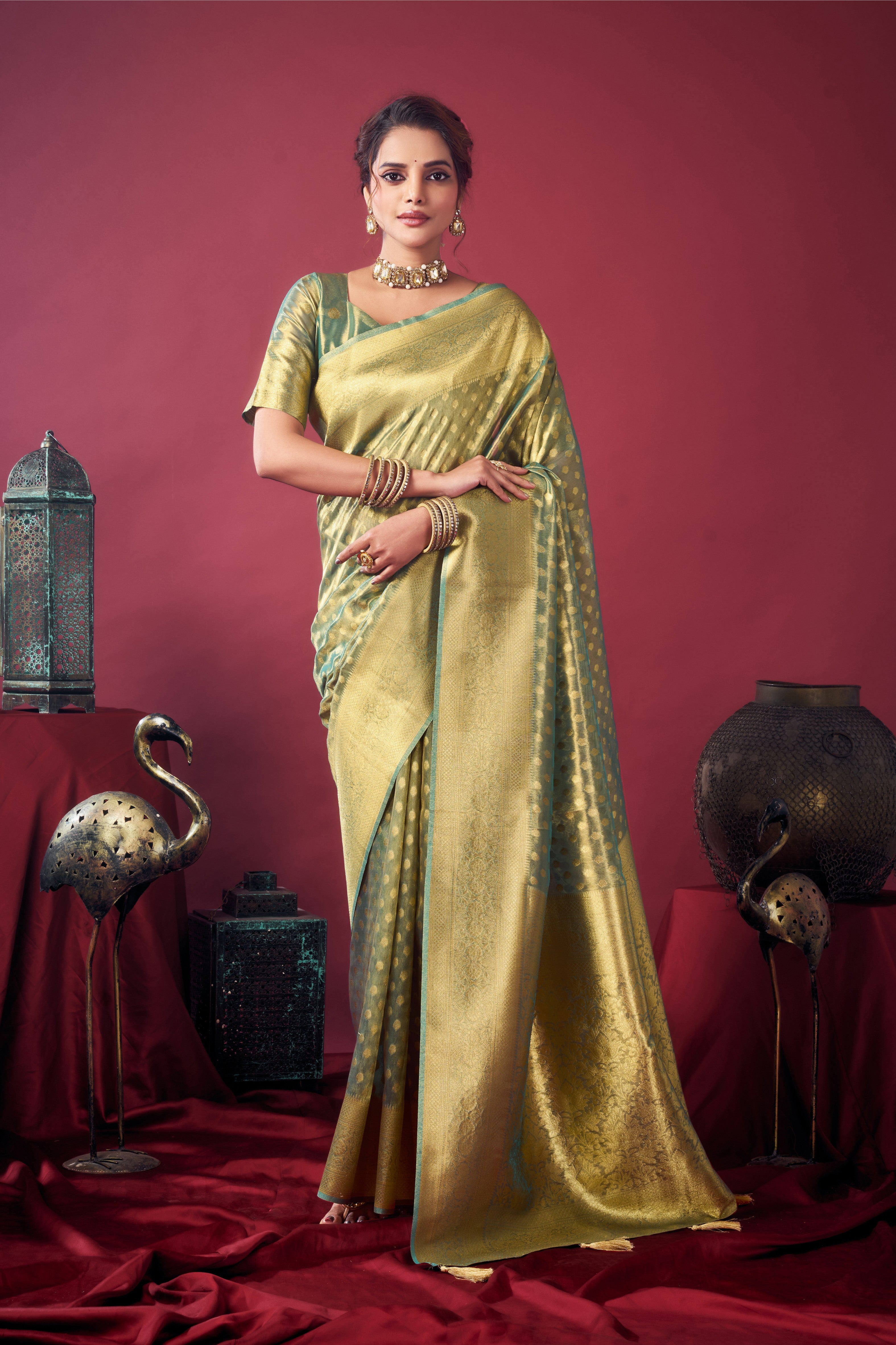 Golden Green Tissue Silk Jhallar Designer Saree