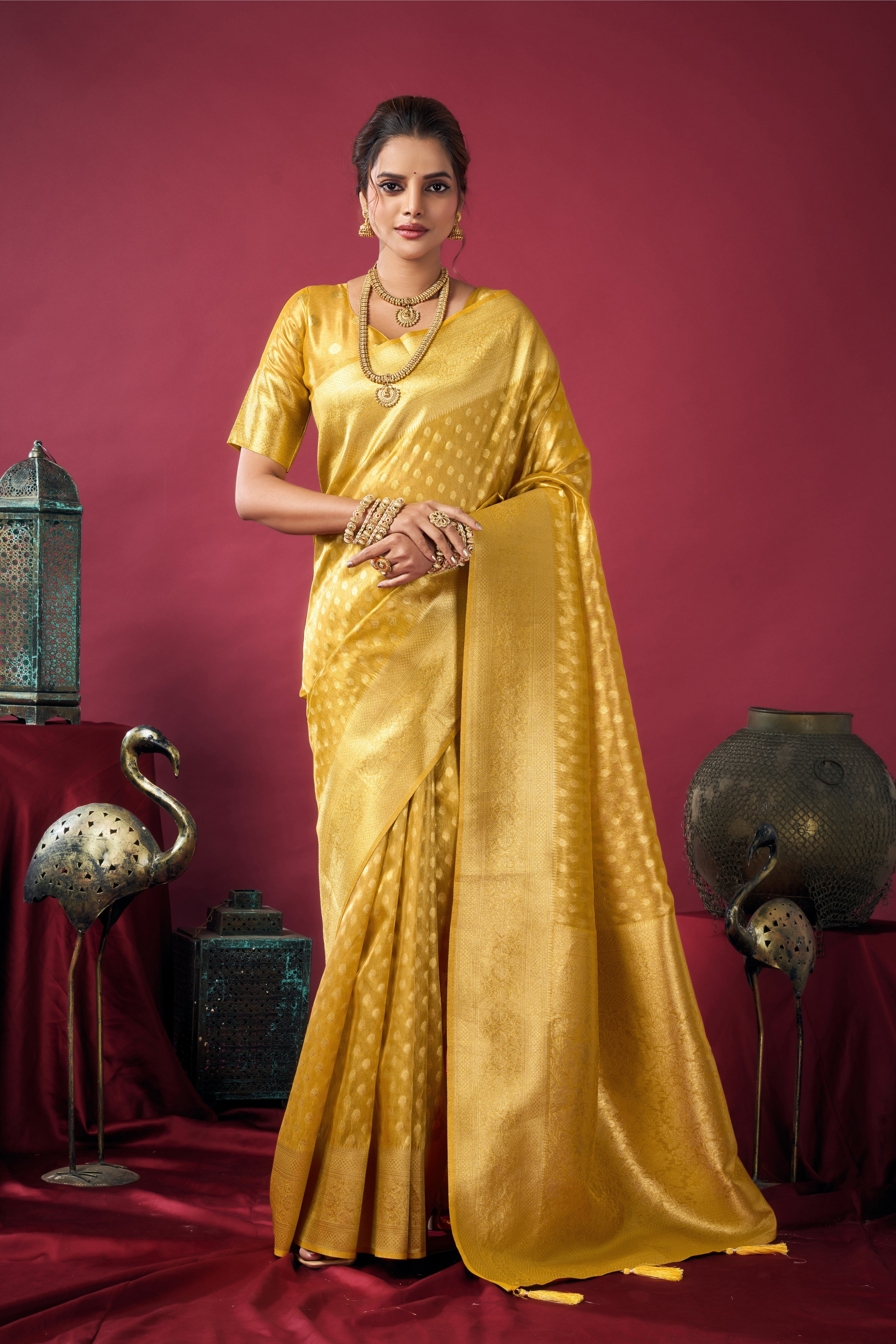 Golden Yellow Tissue Silk Jhallar Designer Saree