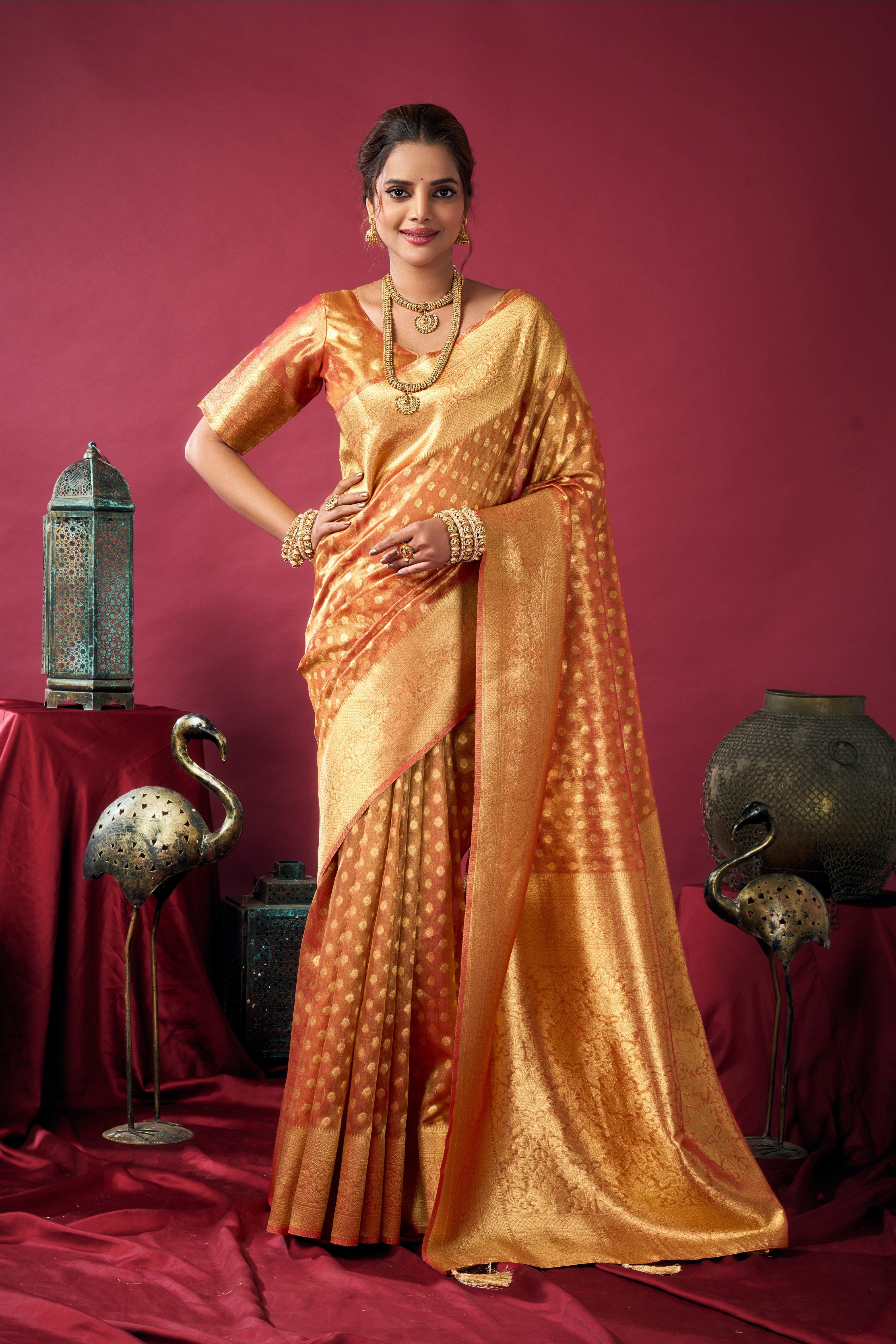 Orange Tissue Silk Jhallar Designer Saree