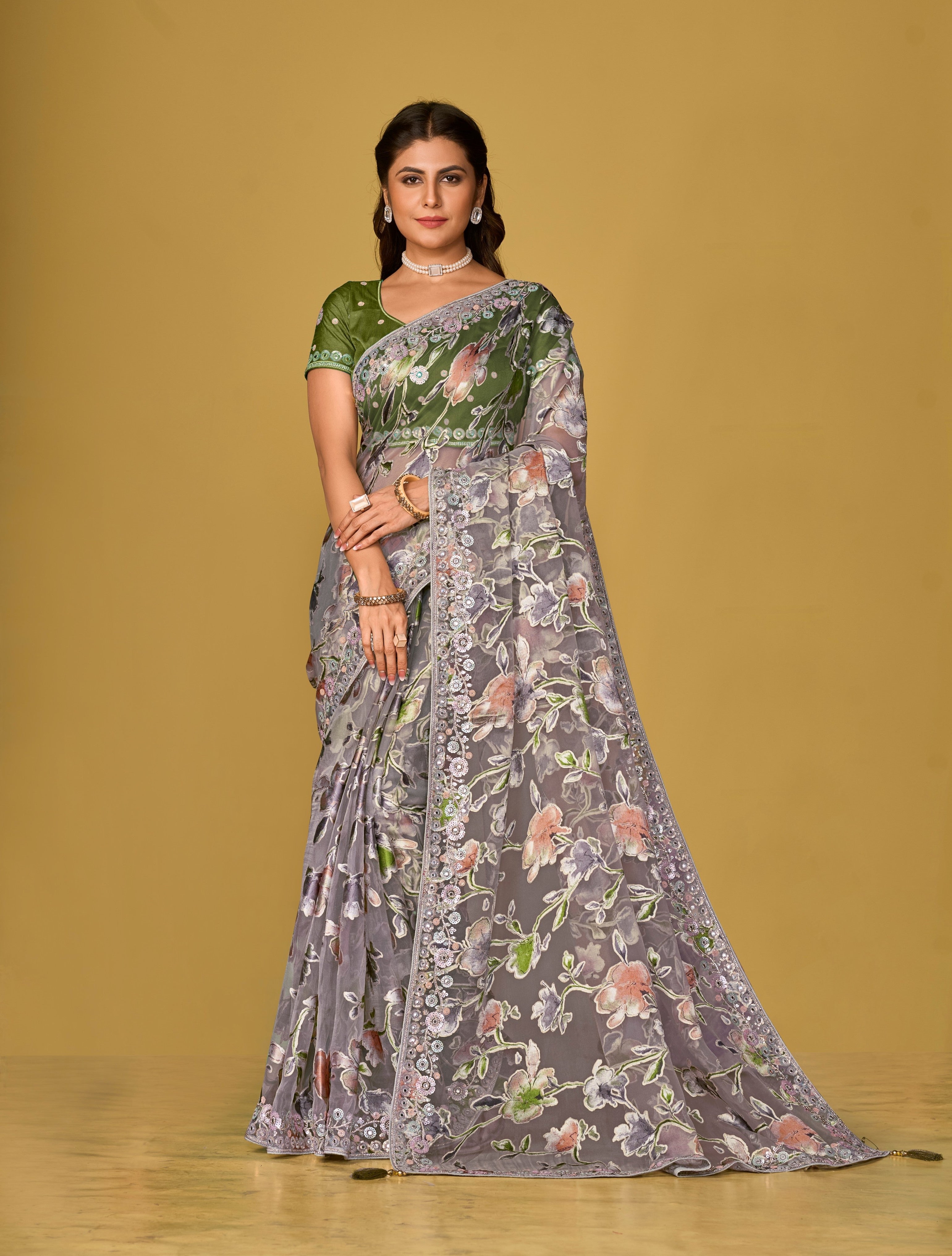 Grey Soft Organza Brasso Embroidered Saree