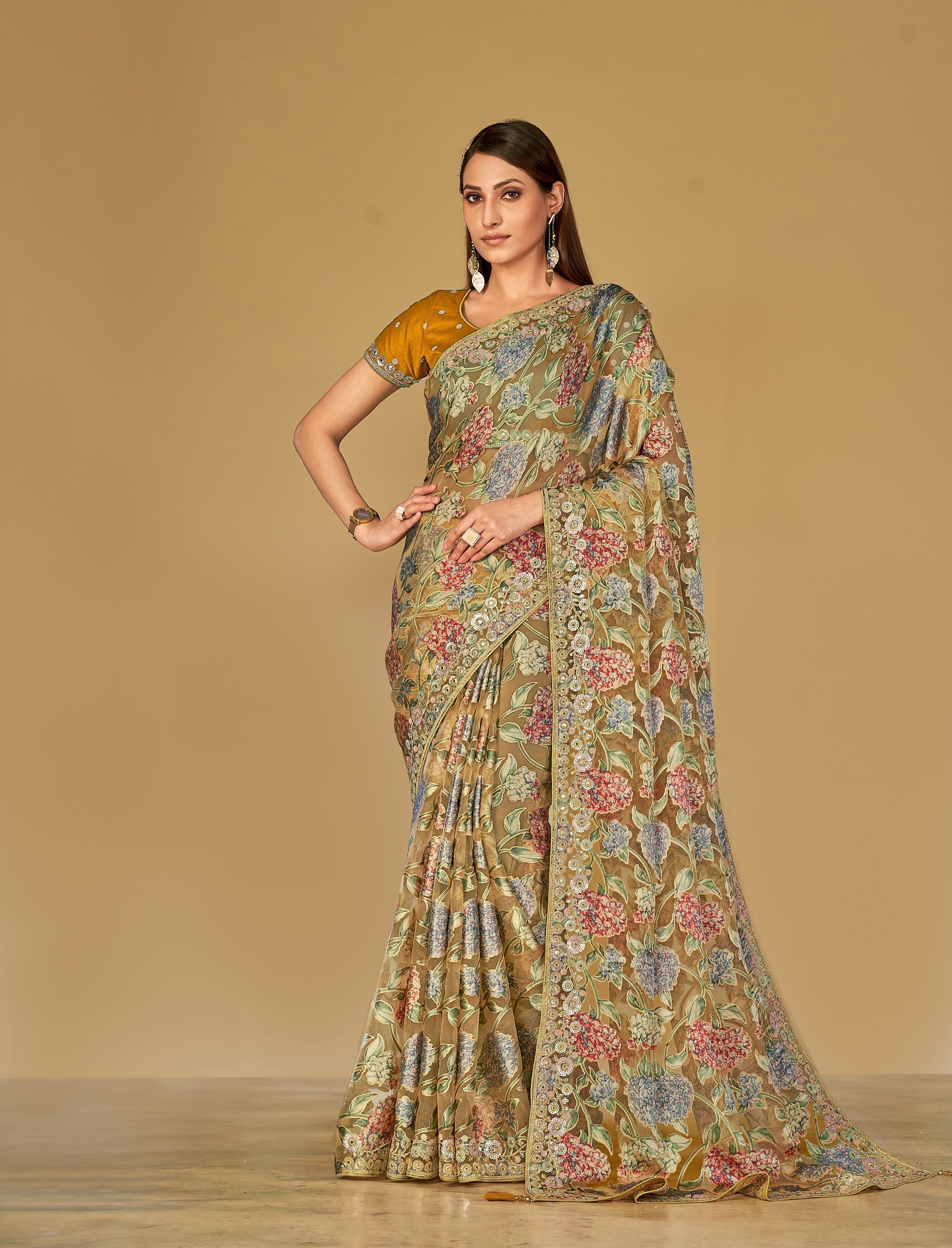 Golden Beige Soft Organza Brasso Embroidered Saree