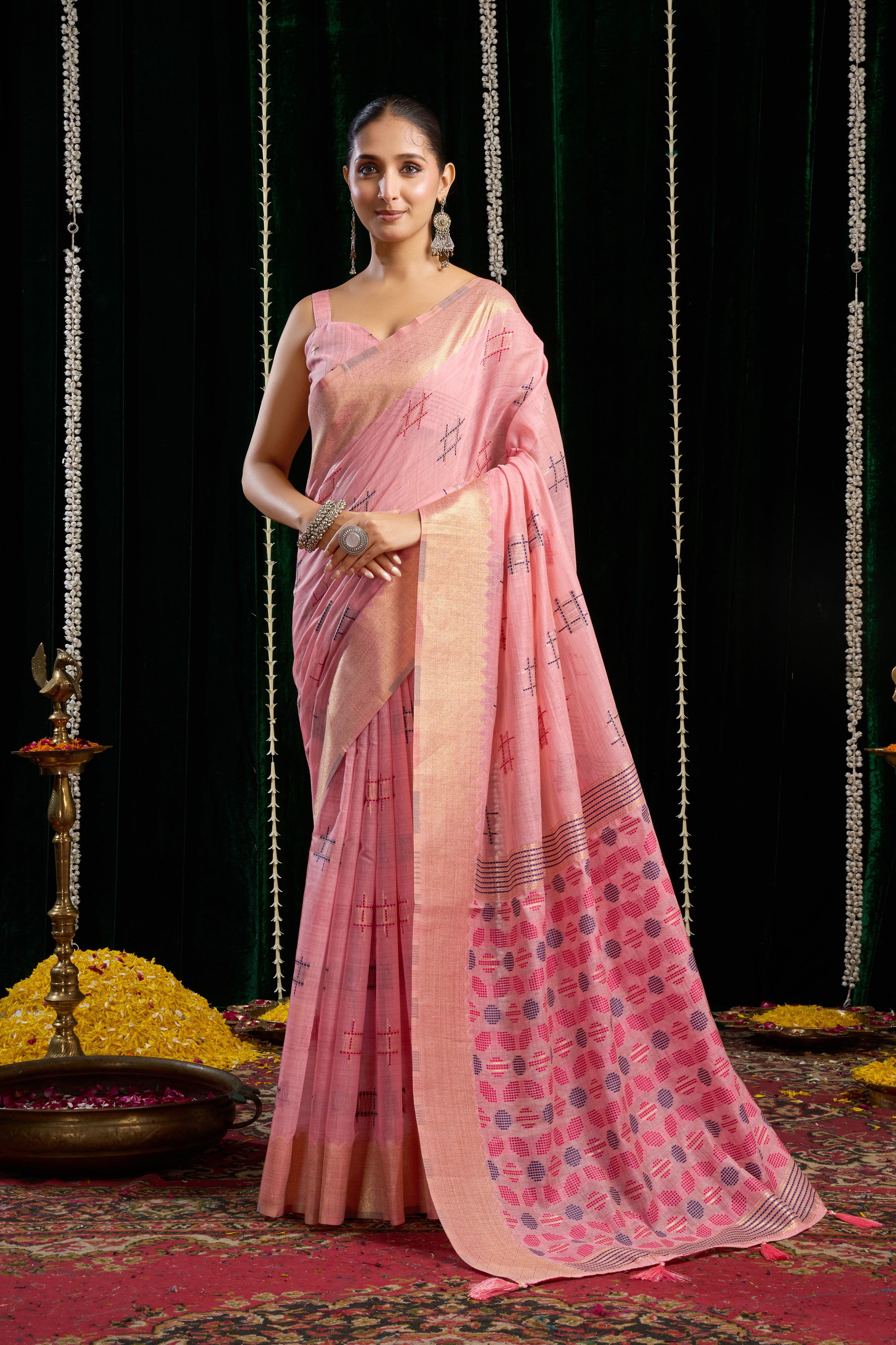 Baby Pink Soft Spun Cotton Zari Border Saree