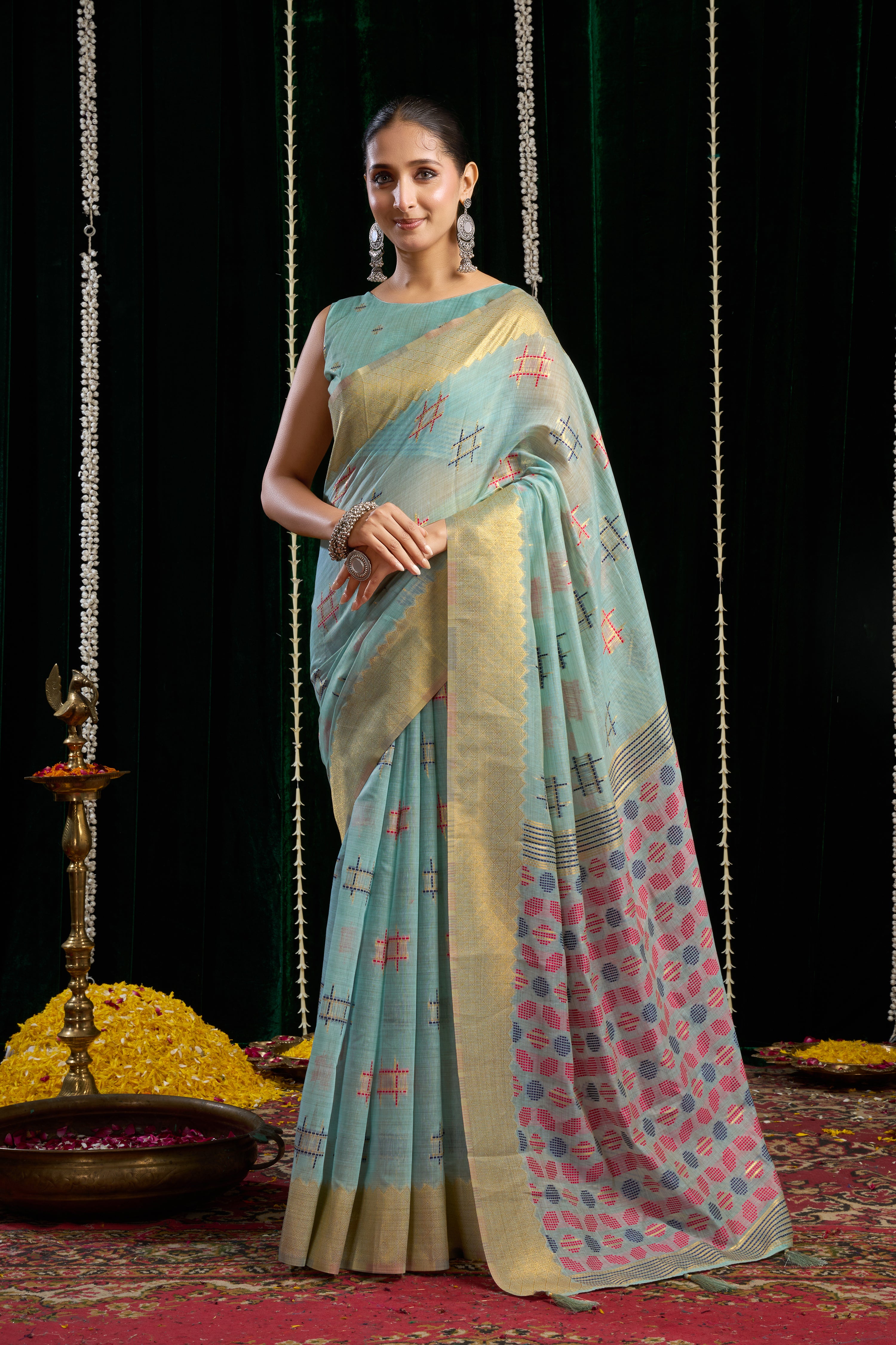 Sky Blue Soft Spun Cotton Zari Border Saree