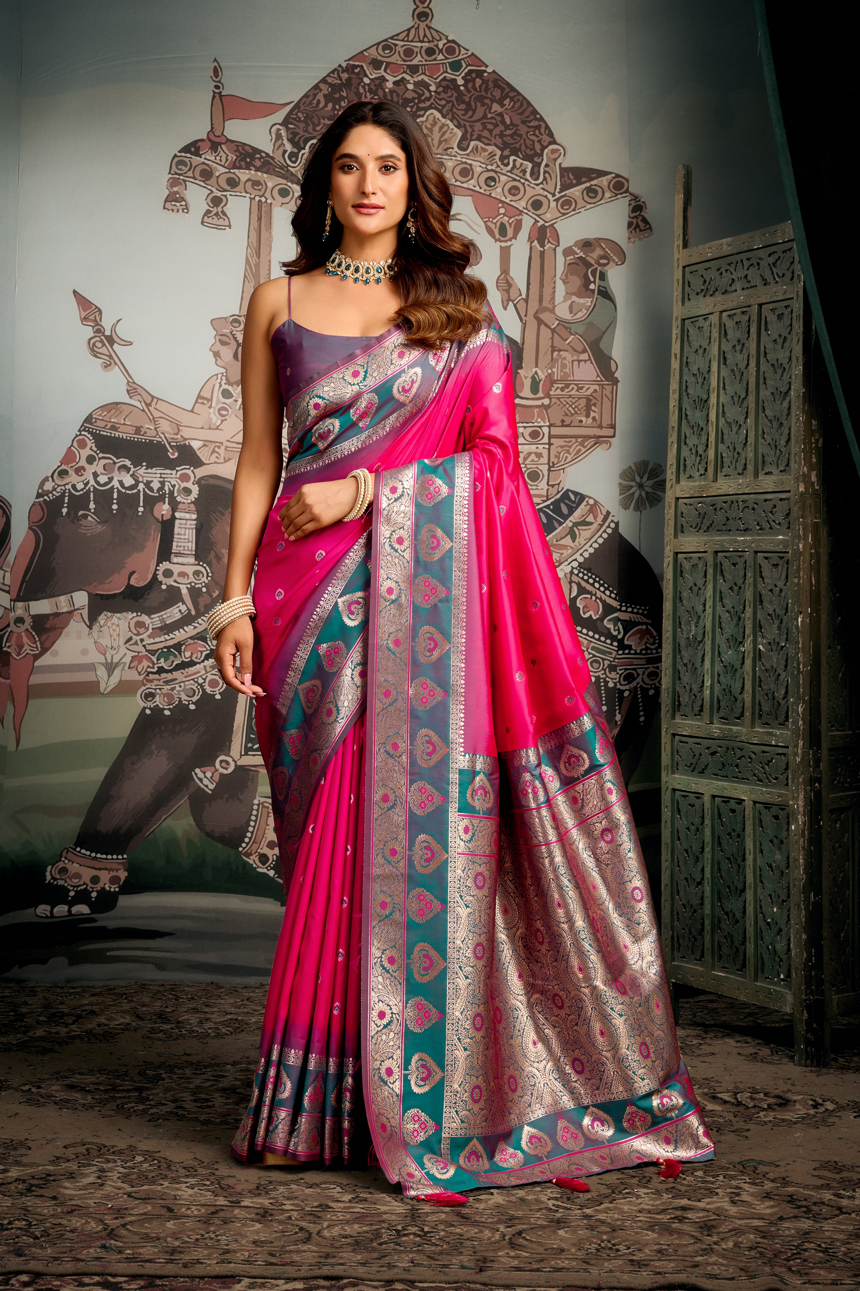 Pink Premium Soft Silk Meena Work Saree