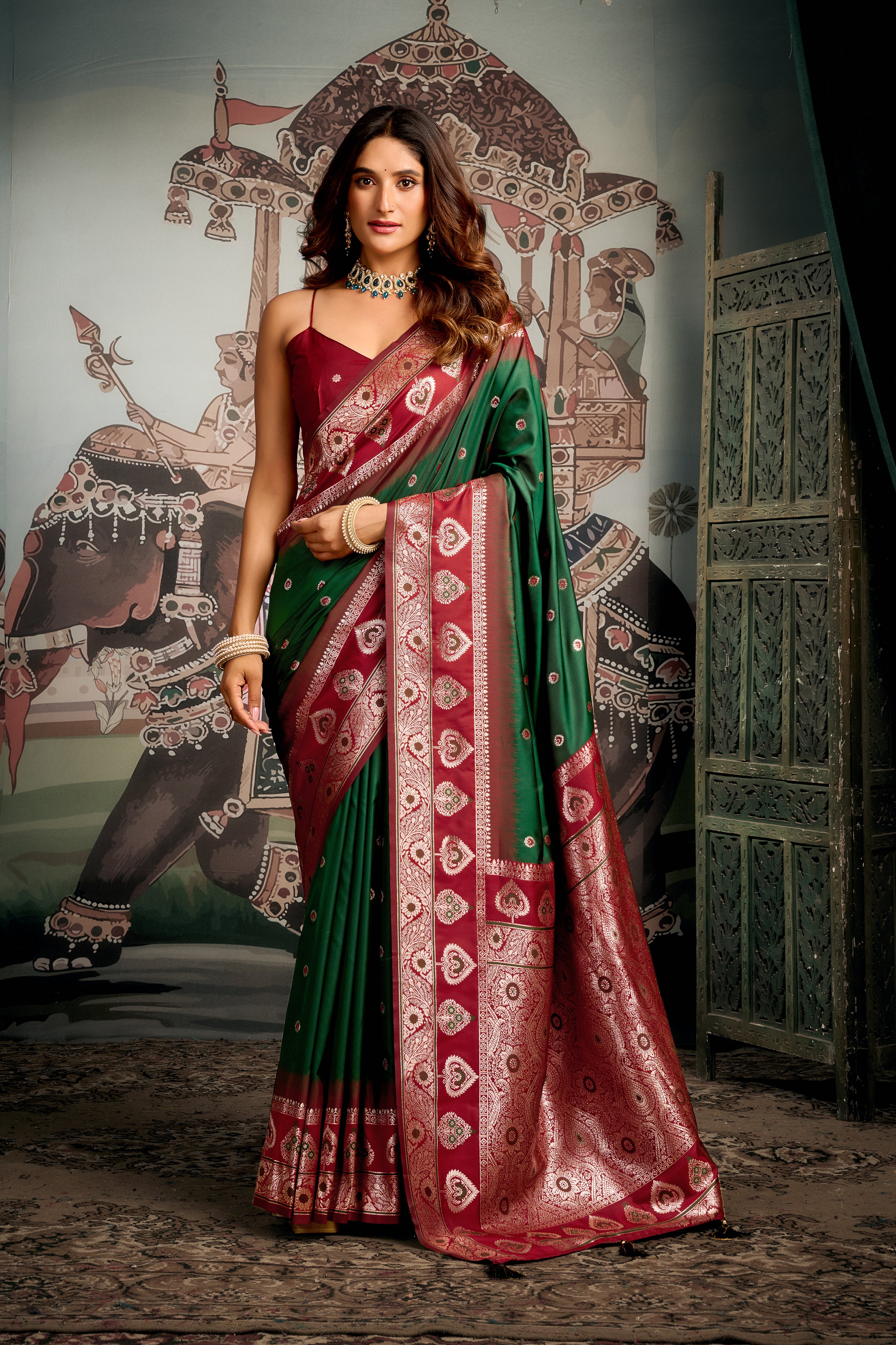 Green Premium Soft Silk Meena Work Saree