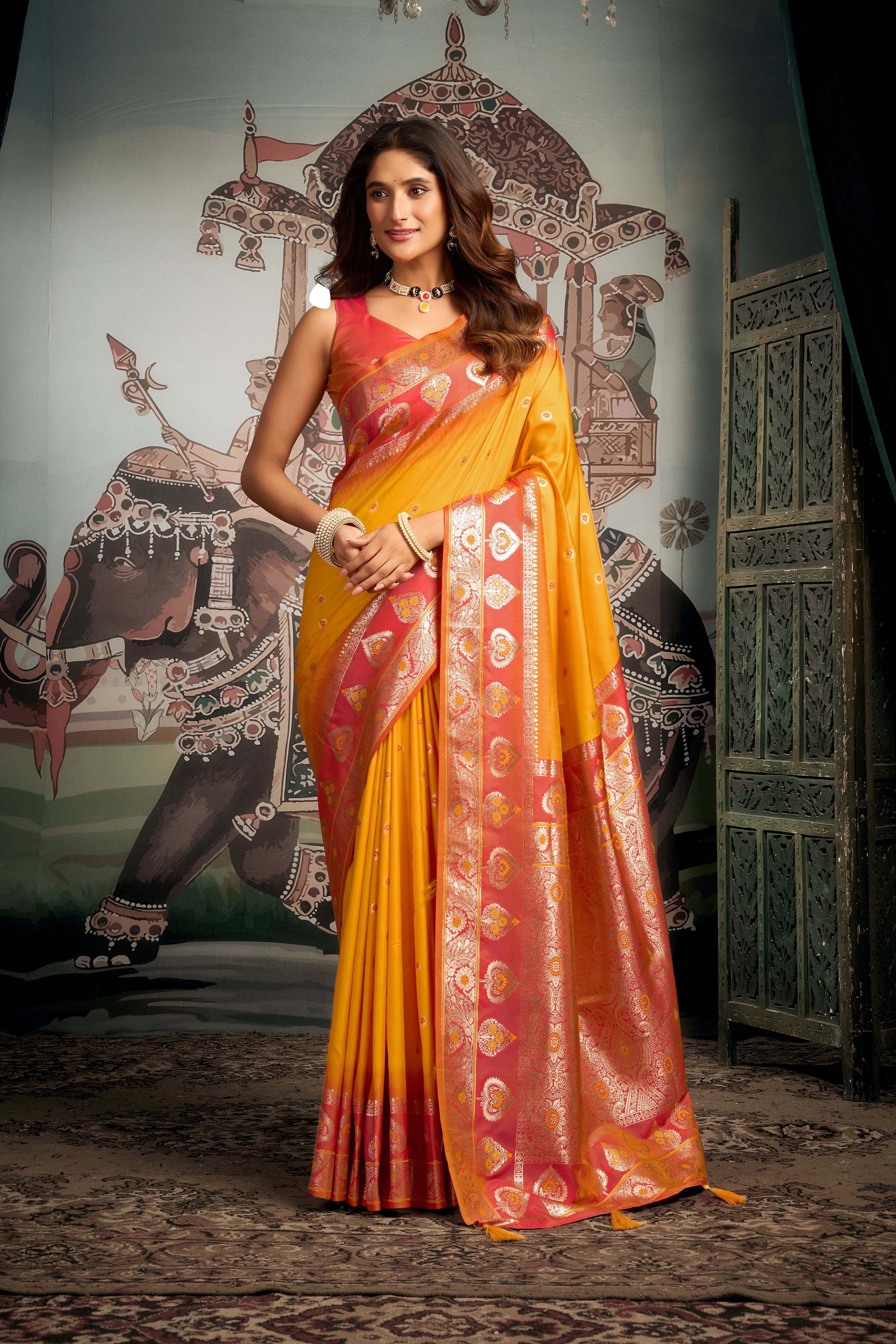 Yellow Premium Soft Silk Meena Work Saree