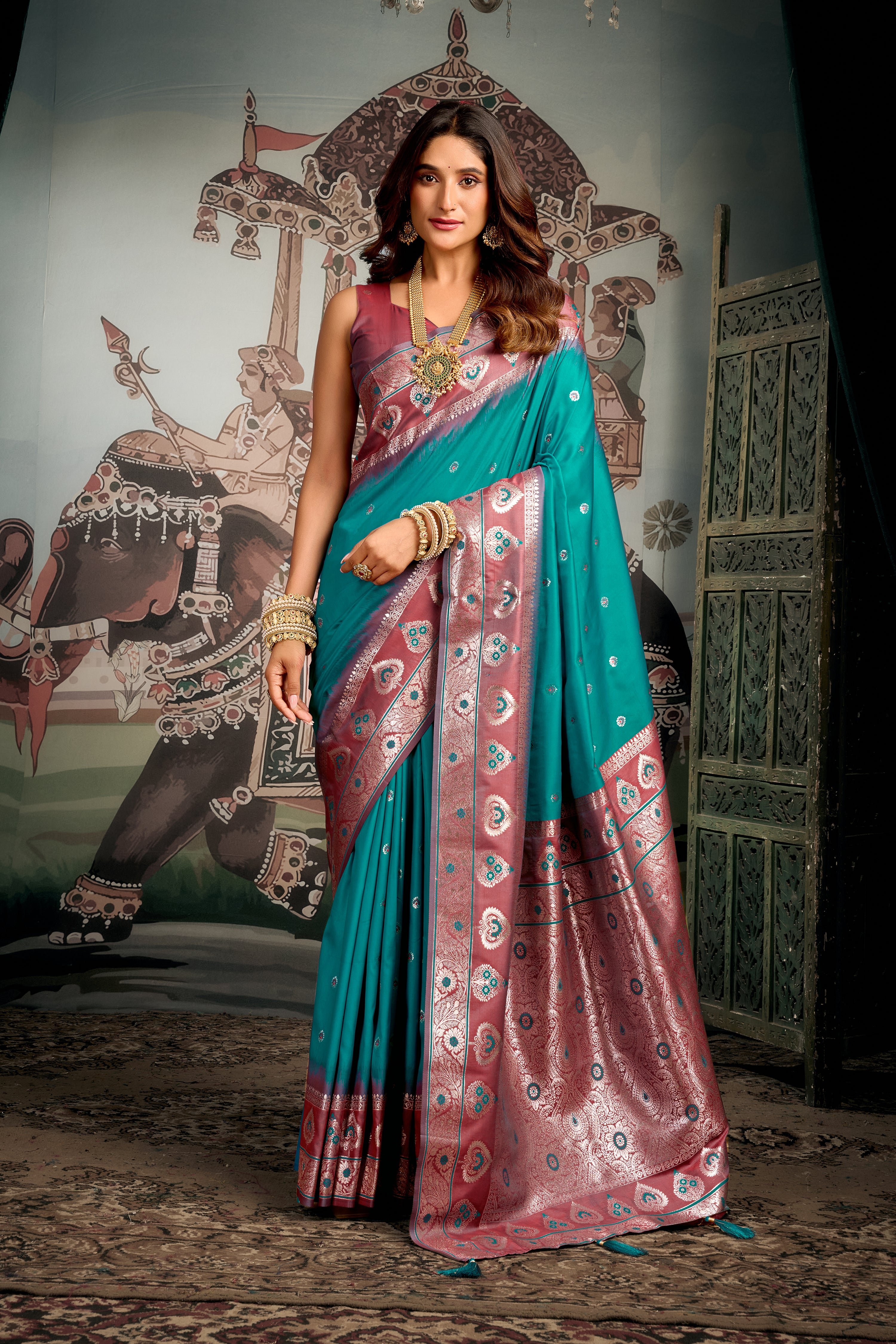Teal Premium Soft Silk Meena Work Saree
