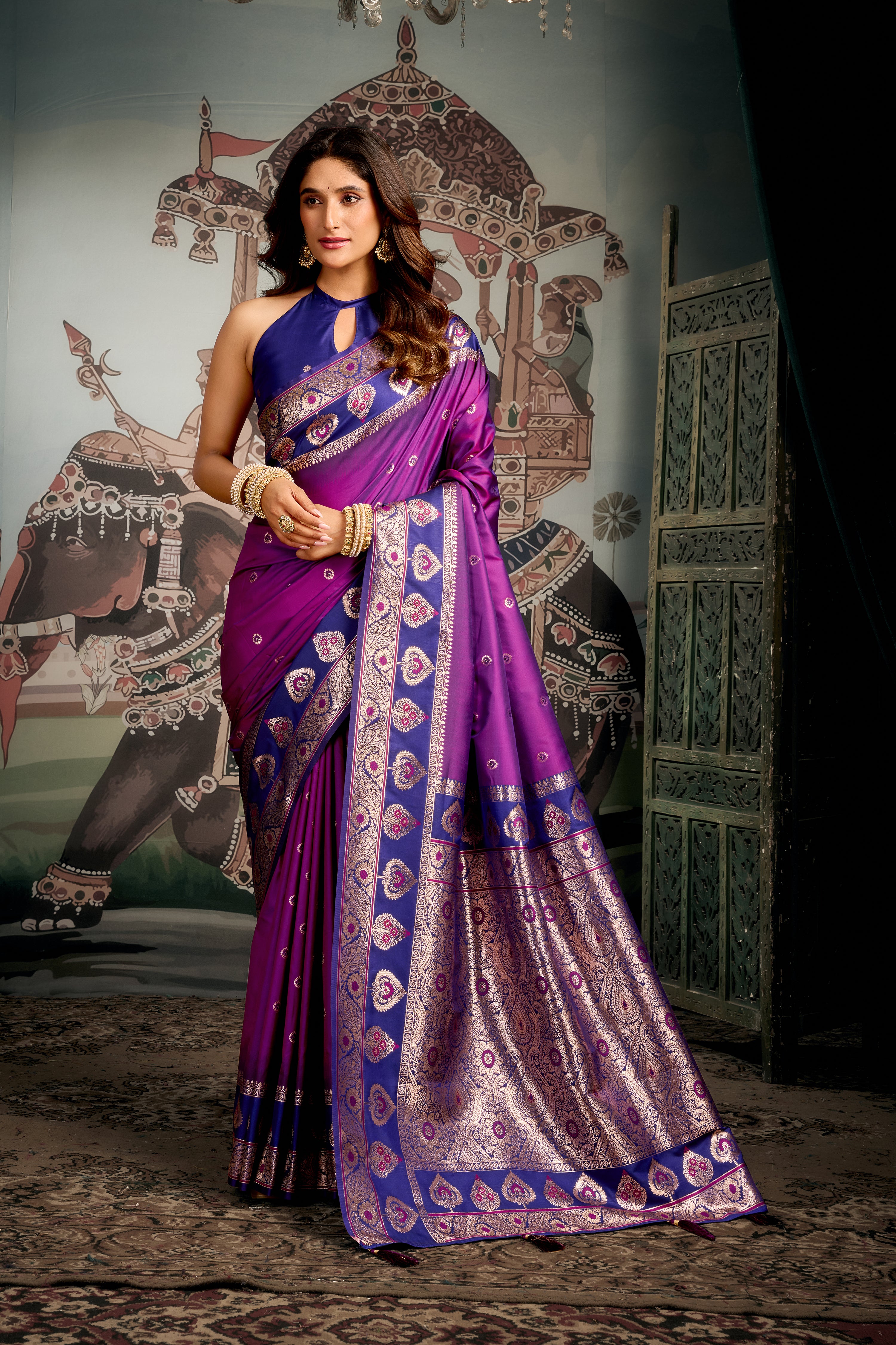 Purple Premium Soft Silk Meena Work Saree