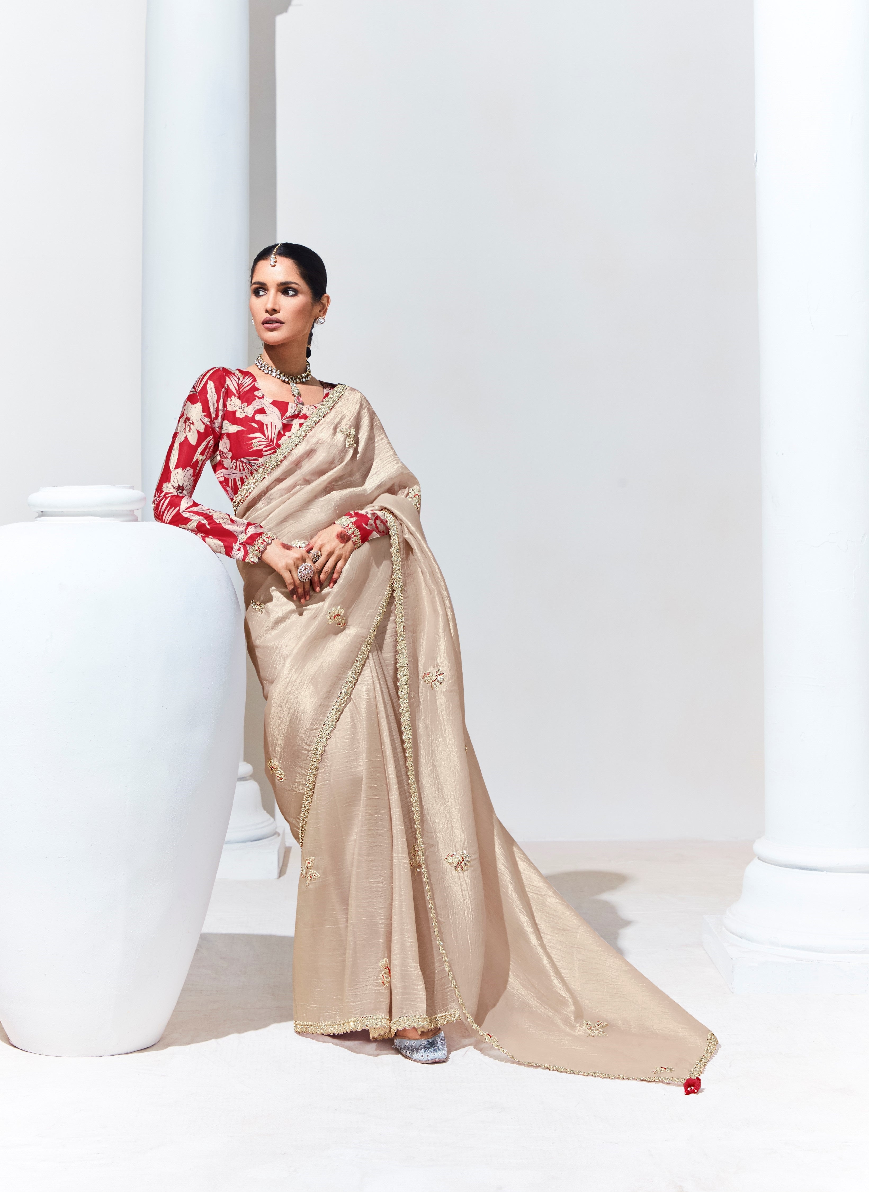 Beige Fancy Fabric Embroidered Saree