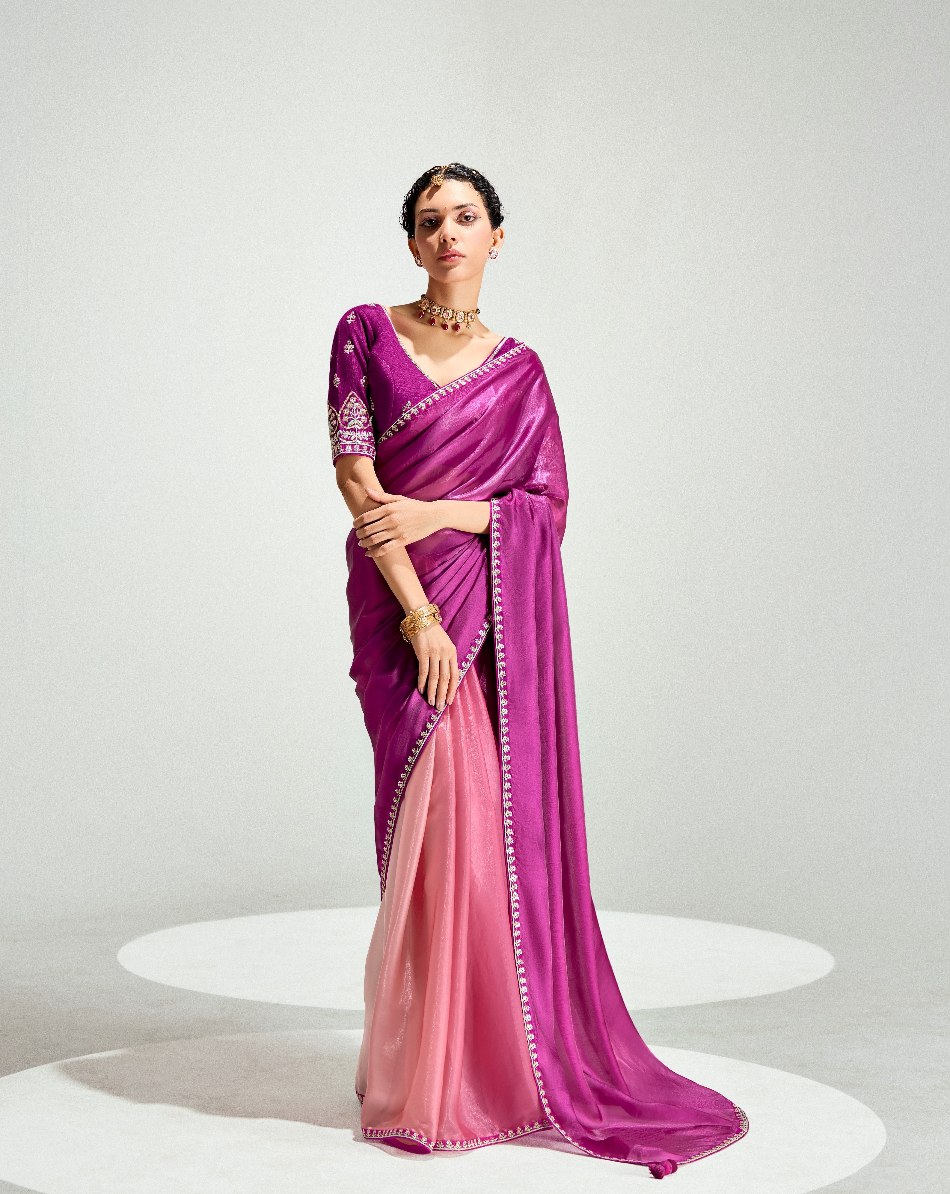 Magenta Peach Organza Tissue Heavy Work Saree