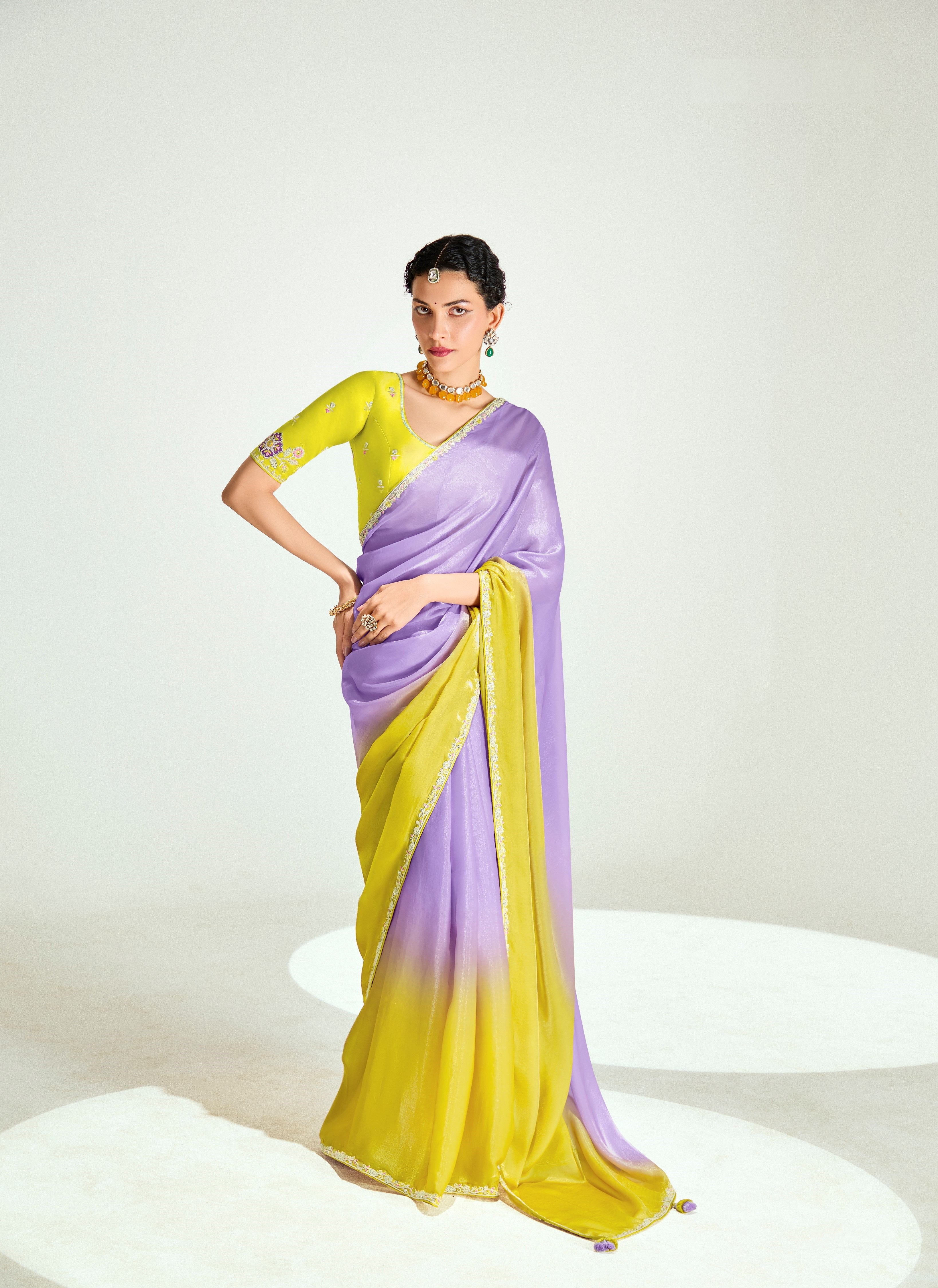 Purple Yellow Organza Tissue Heavy Work Saree
