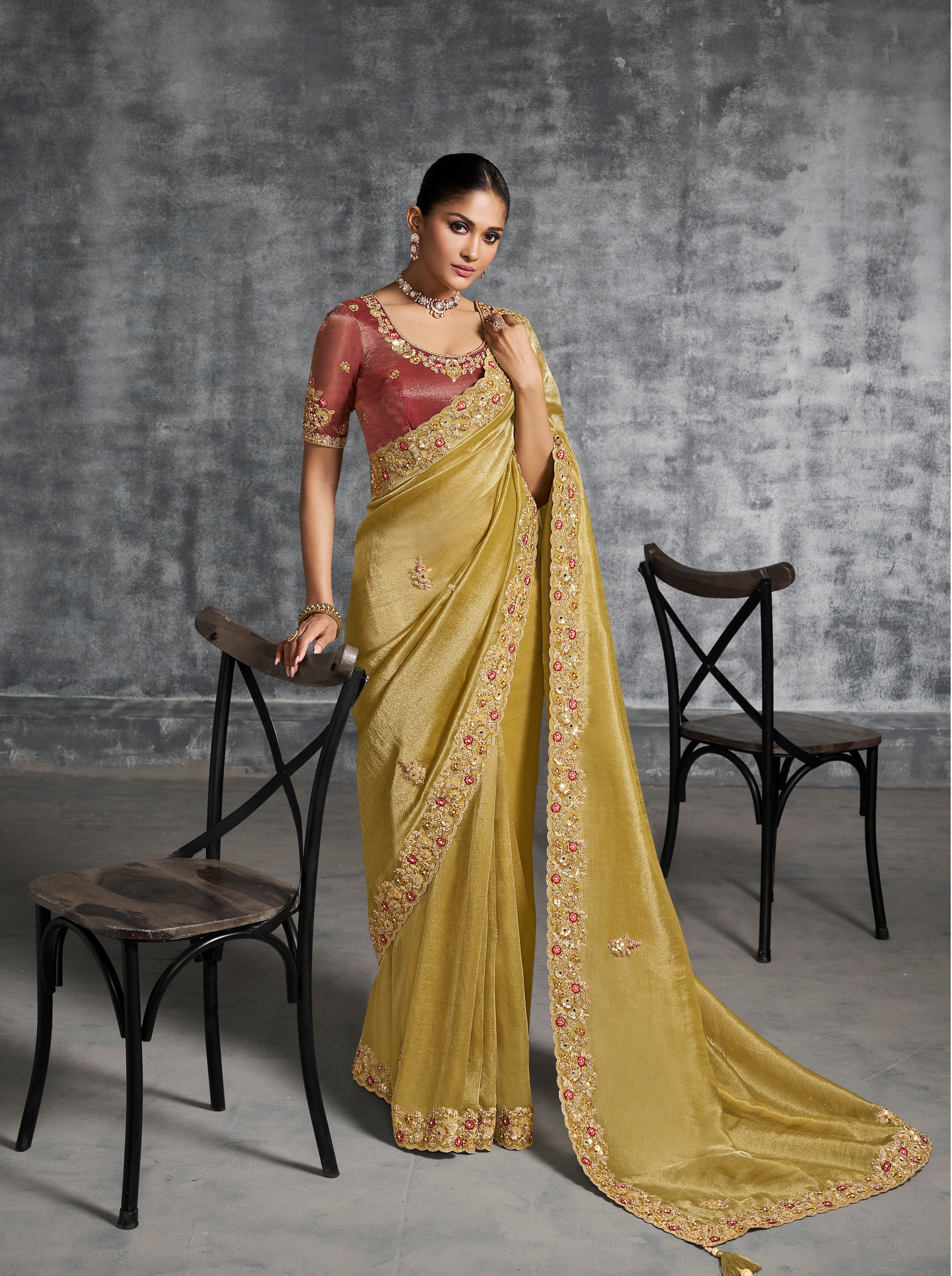 Mustard Premium Tissue Zari Embroidered Saree