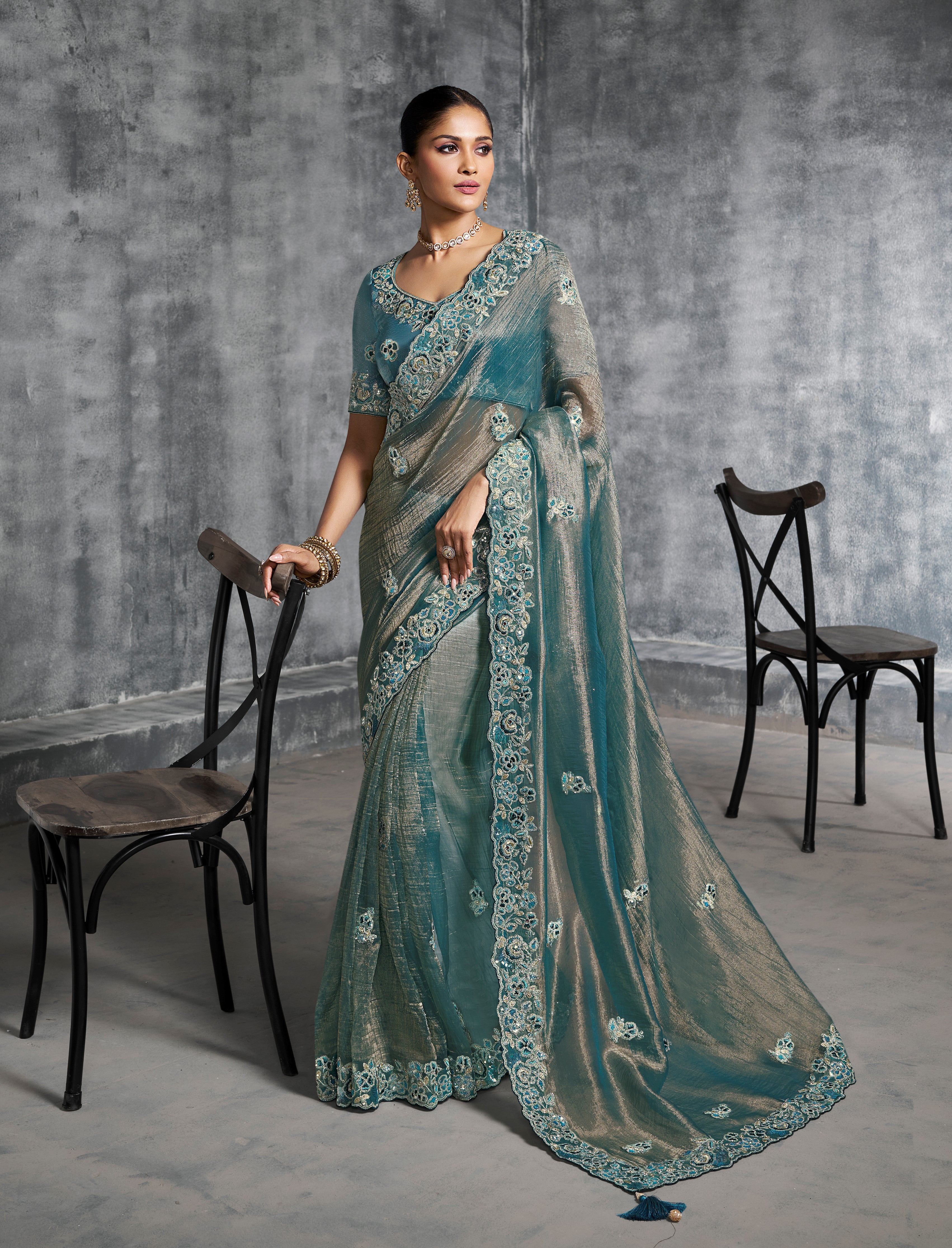 Teal Premium Tissue Zari Embroidered Saree