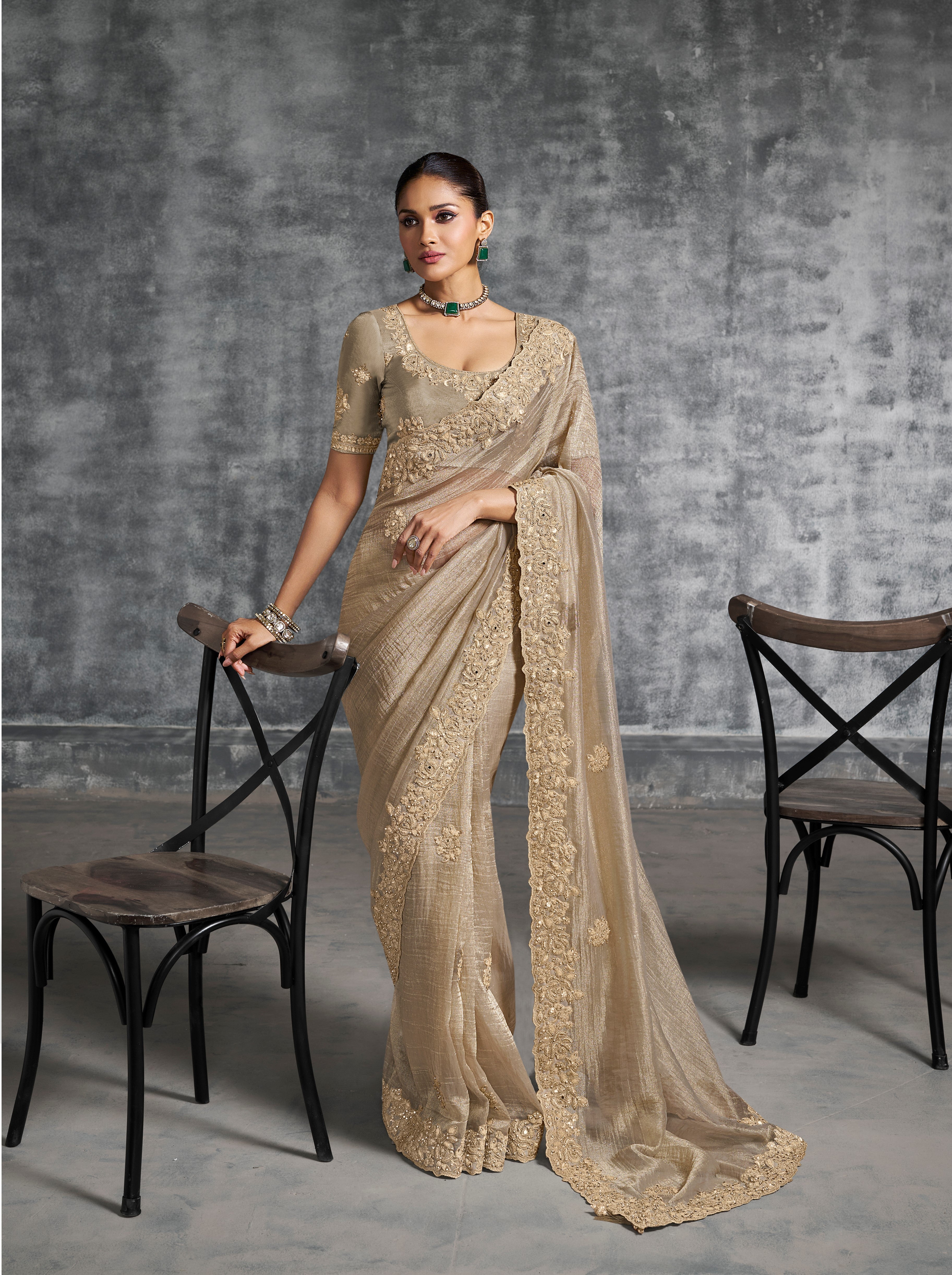Beige Premium Tissue Zari Embroidered Saree