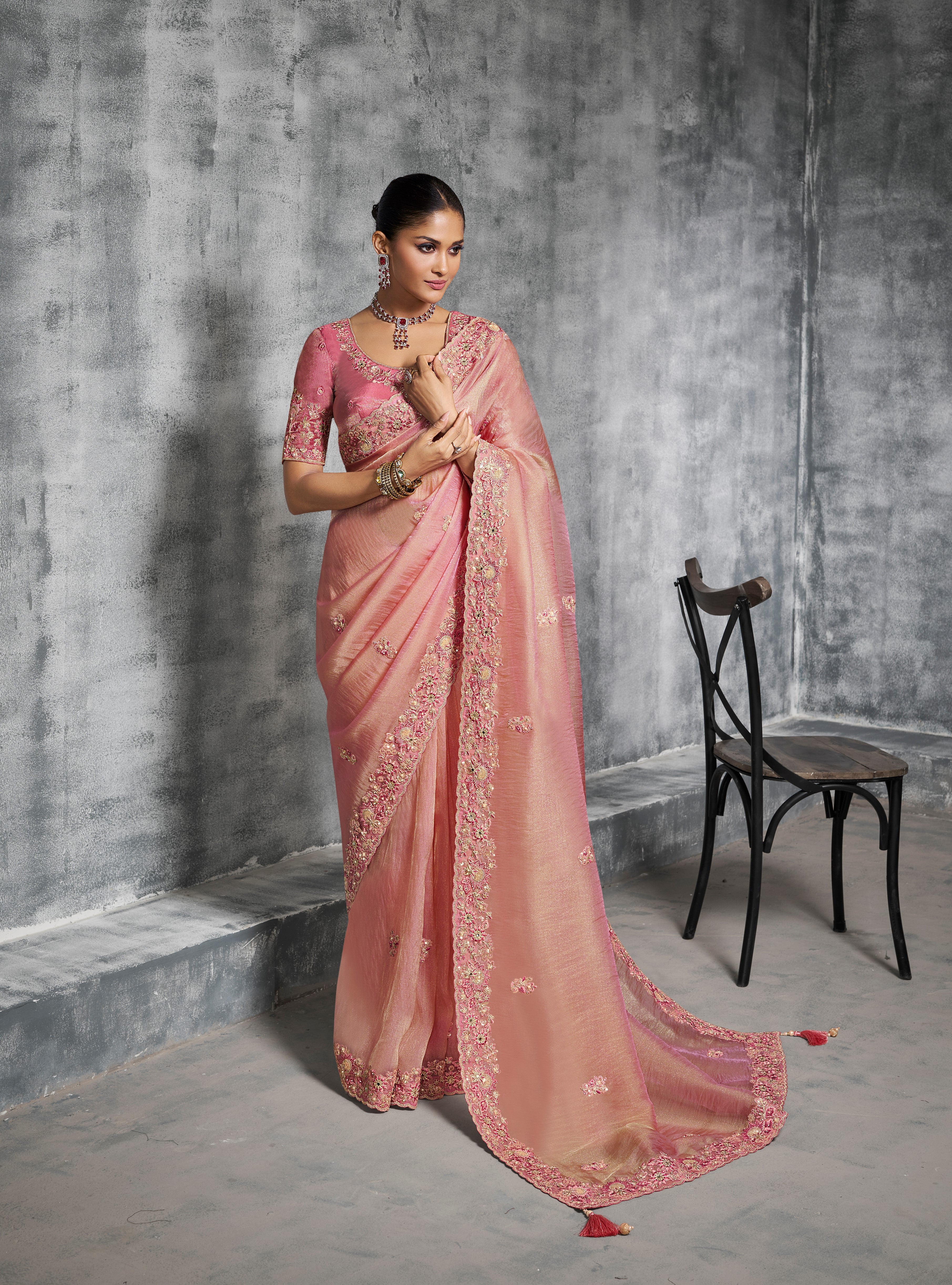 Peach Premium Tissue Zari Embroidered Saree