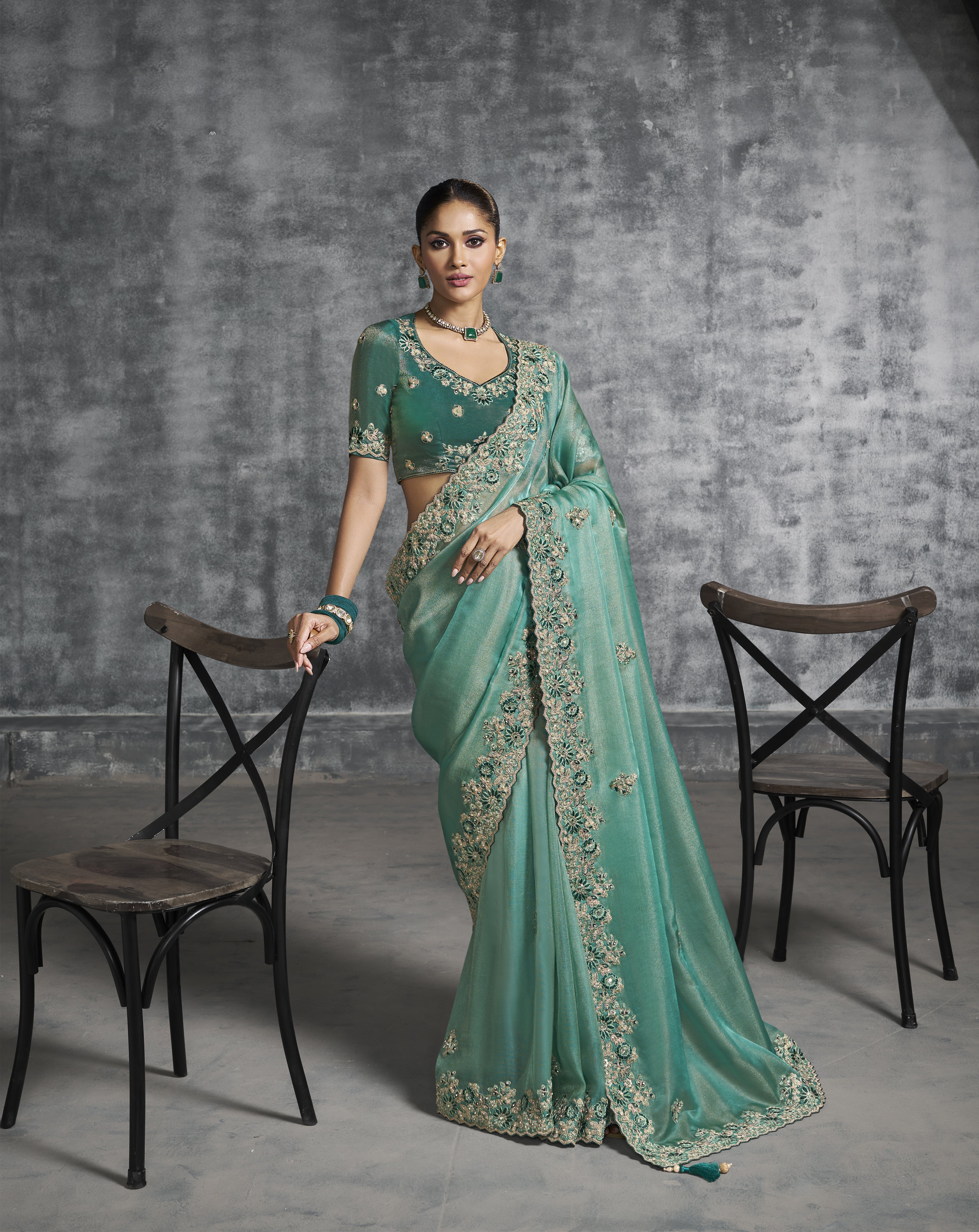 Rama Green Tissue Zari Embroidered Saree
