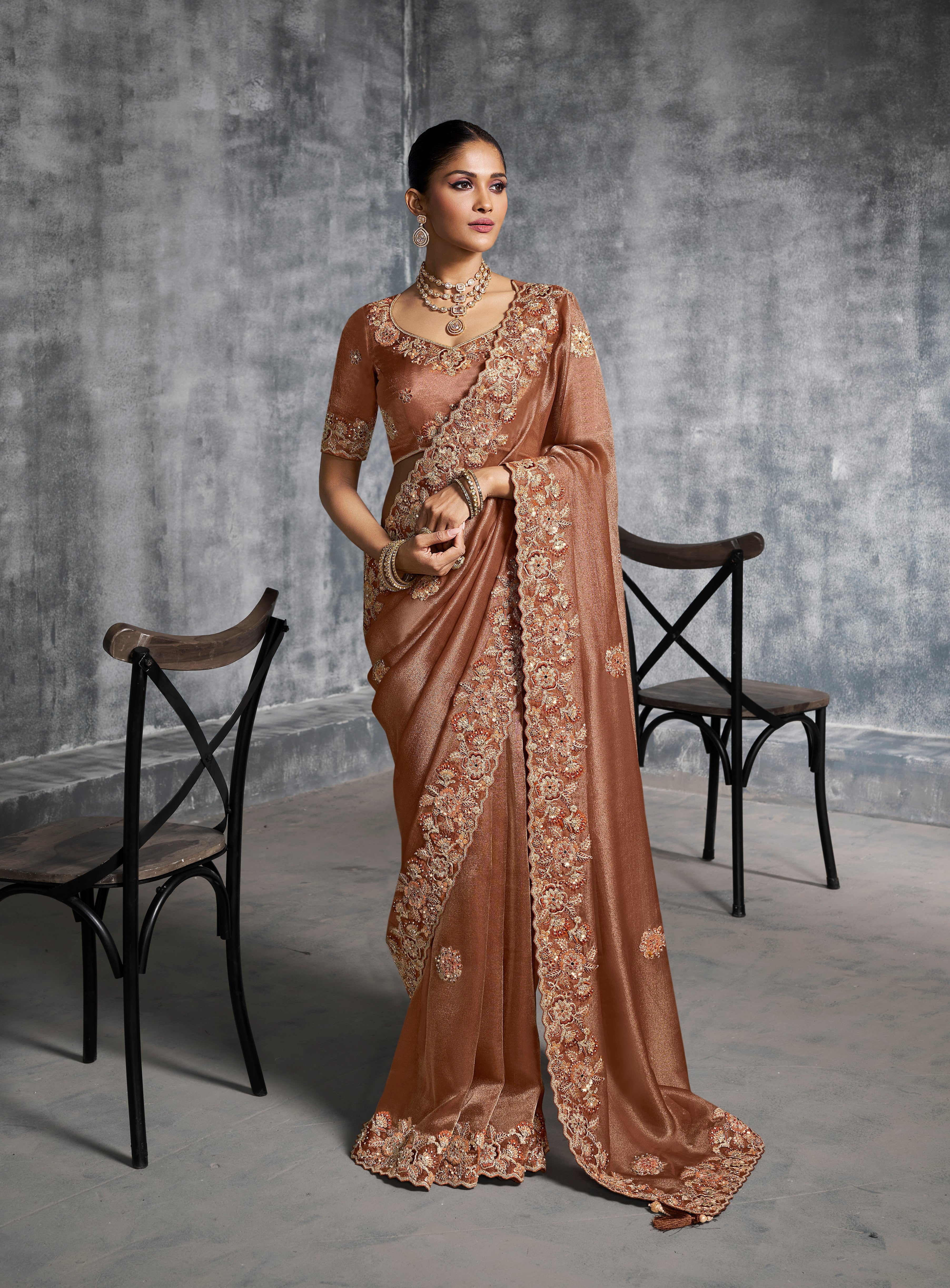Brown Premium Tissue Zari Embroidered Saree