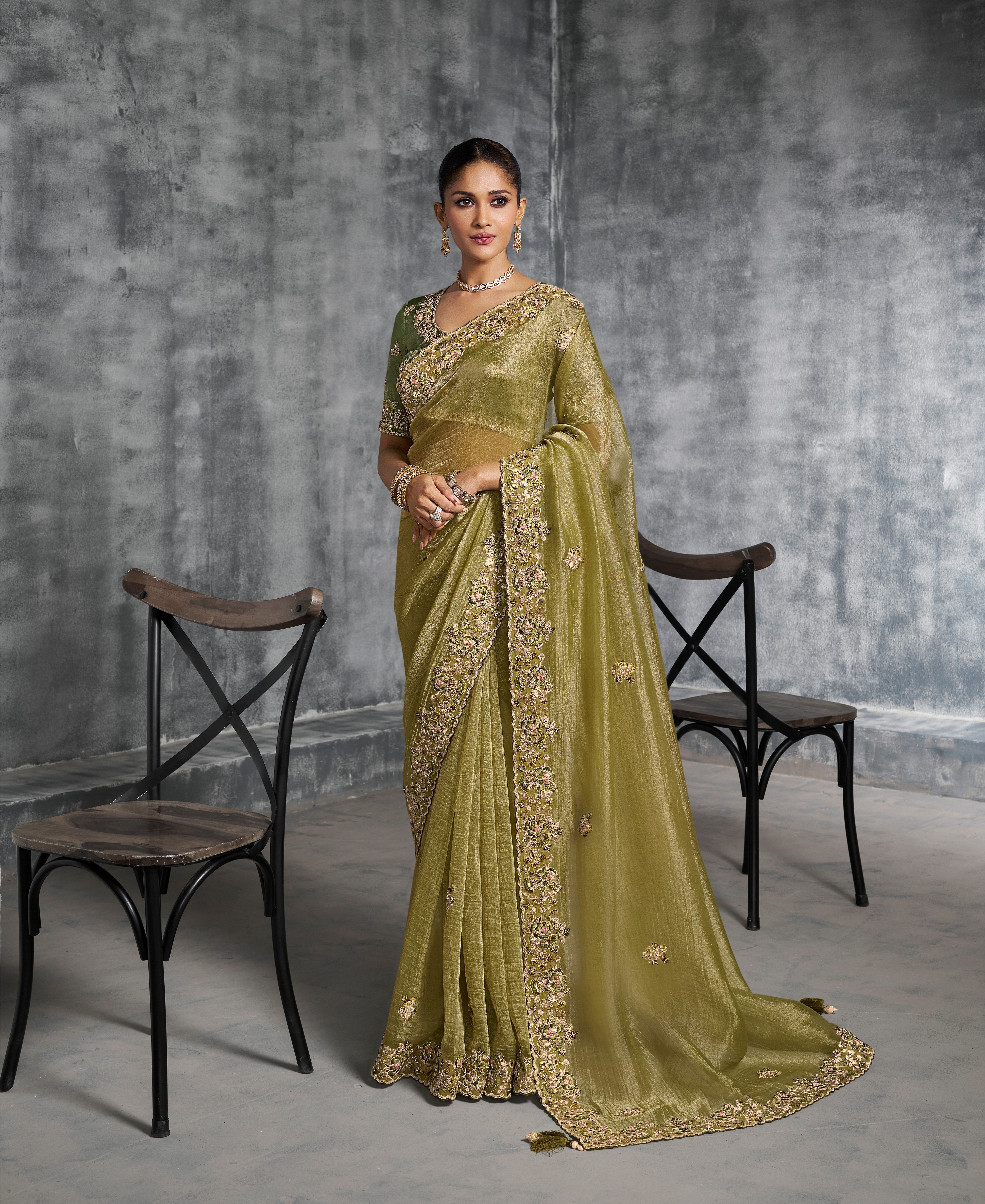 Olive Green Tissue Zari Embroidered Saree