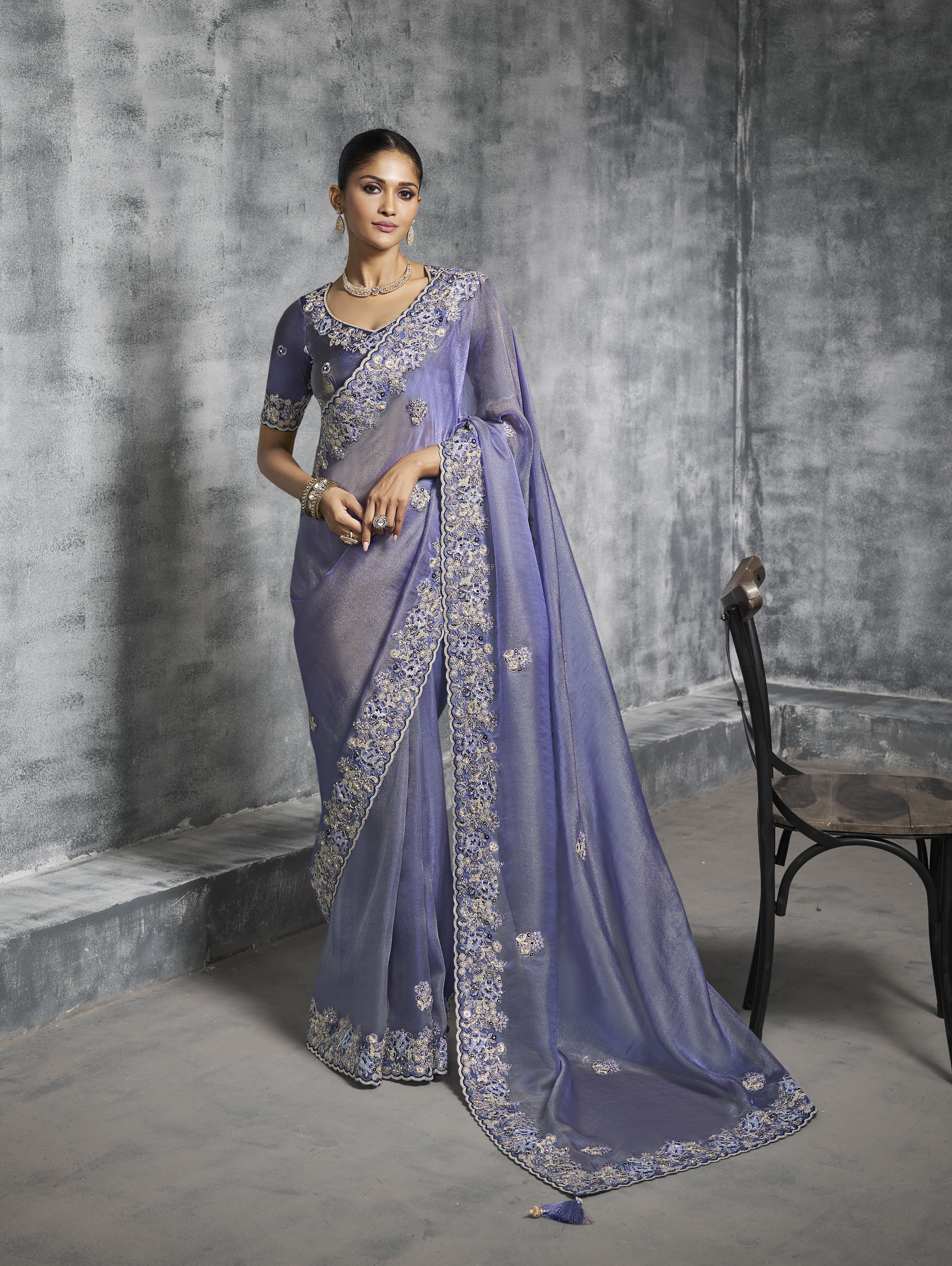 Lavender Tissue Zari Embroidered Saree