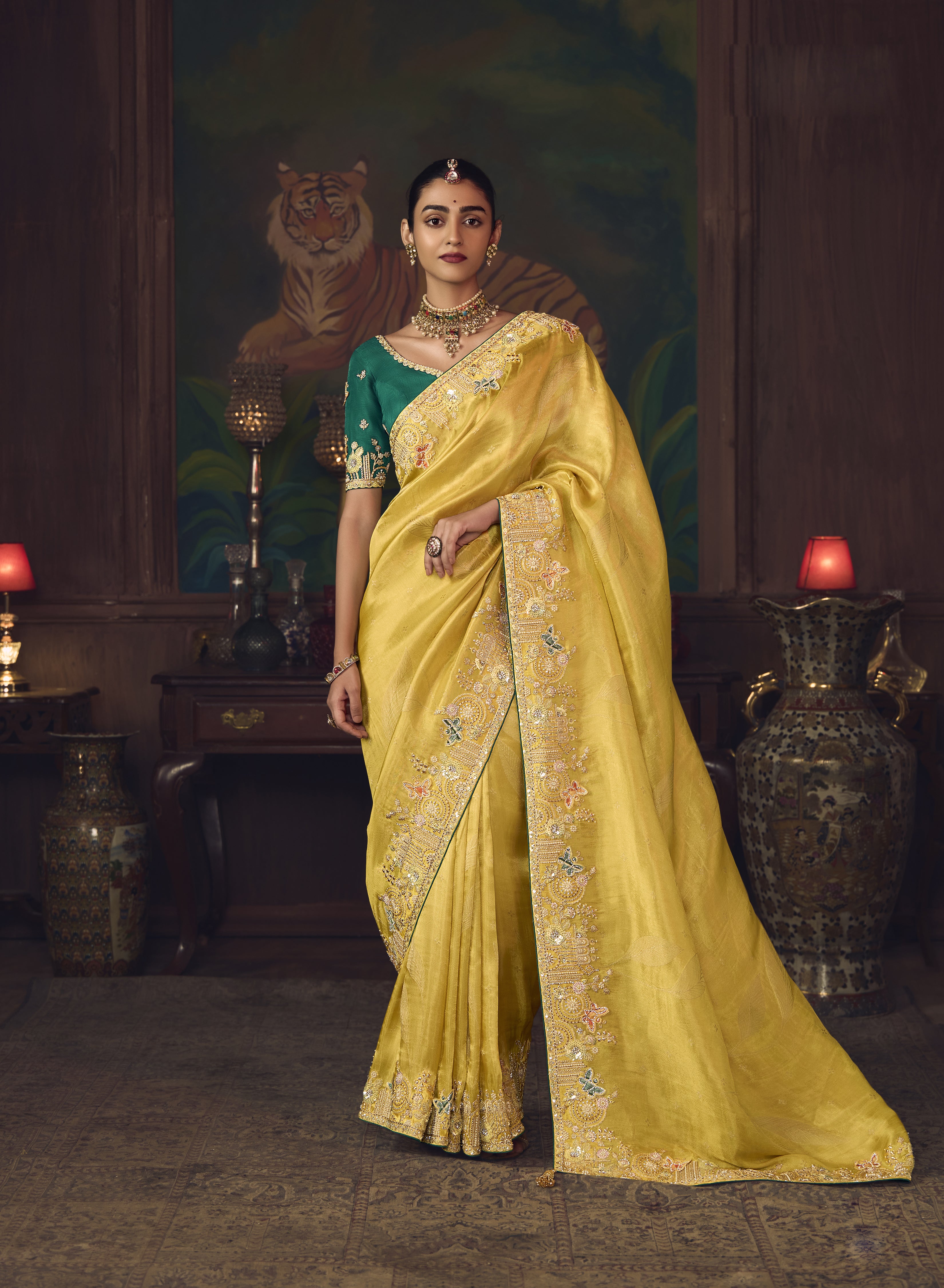 Lemon Yellow Silk Heavy Embroidered Saree