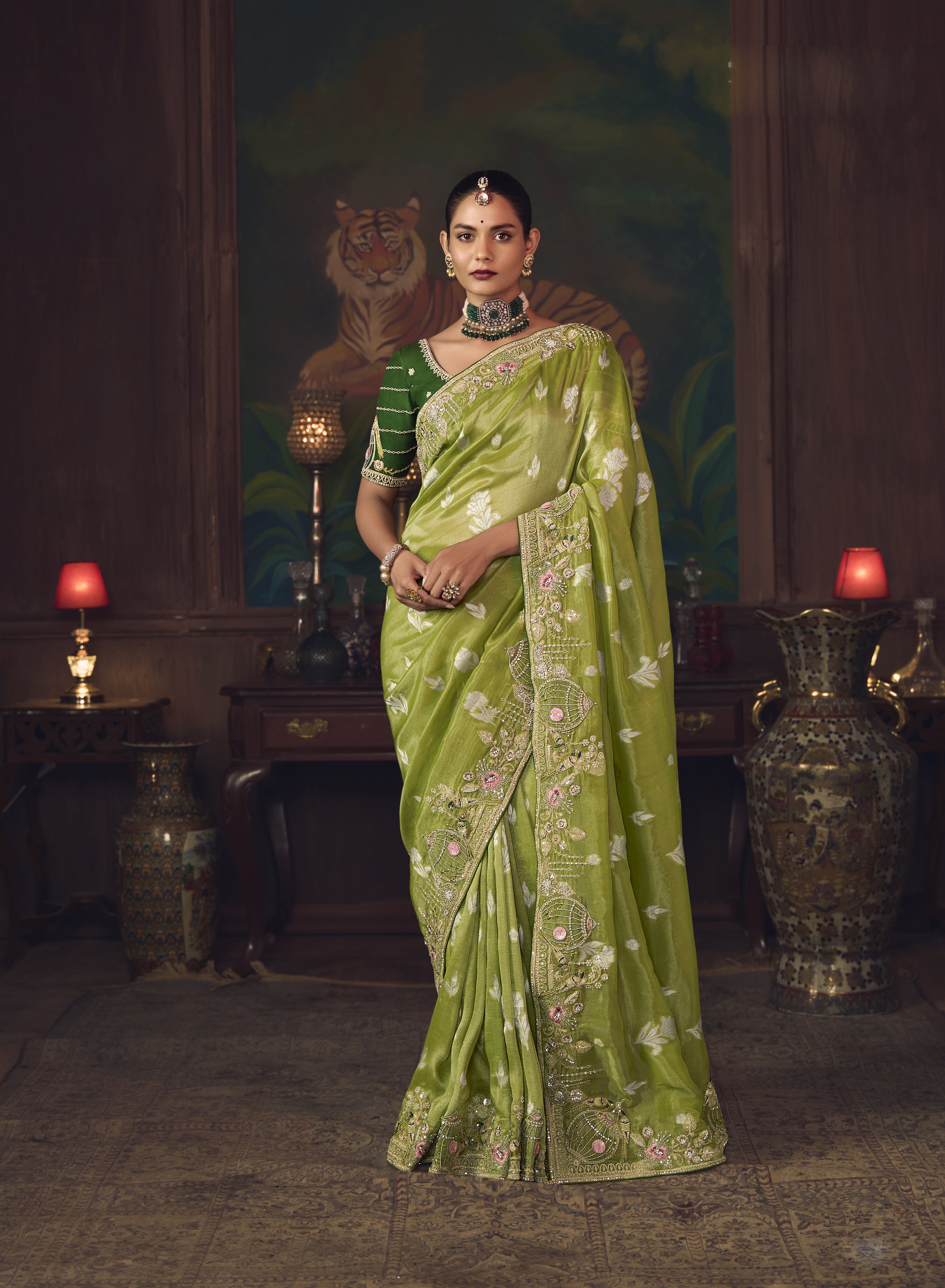 Lime Green Silk Heavy Embroidered Saree