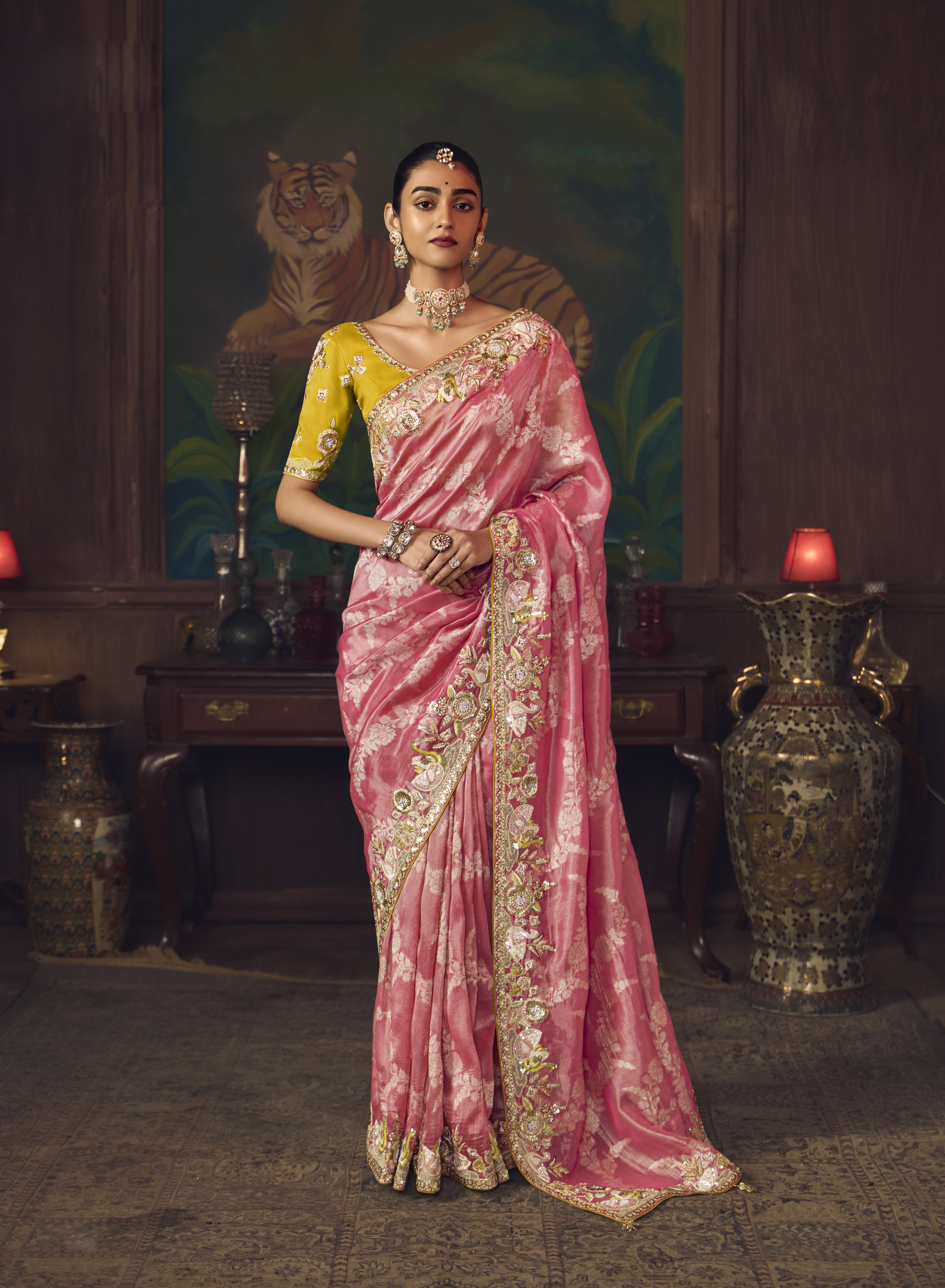 Rose Pink Silk Heavy Embroidered Saree