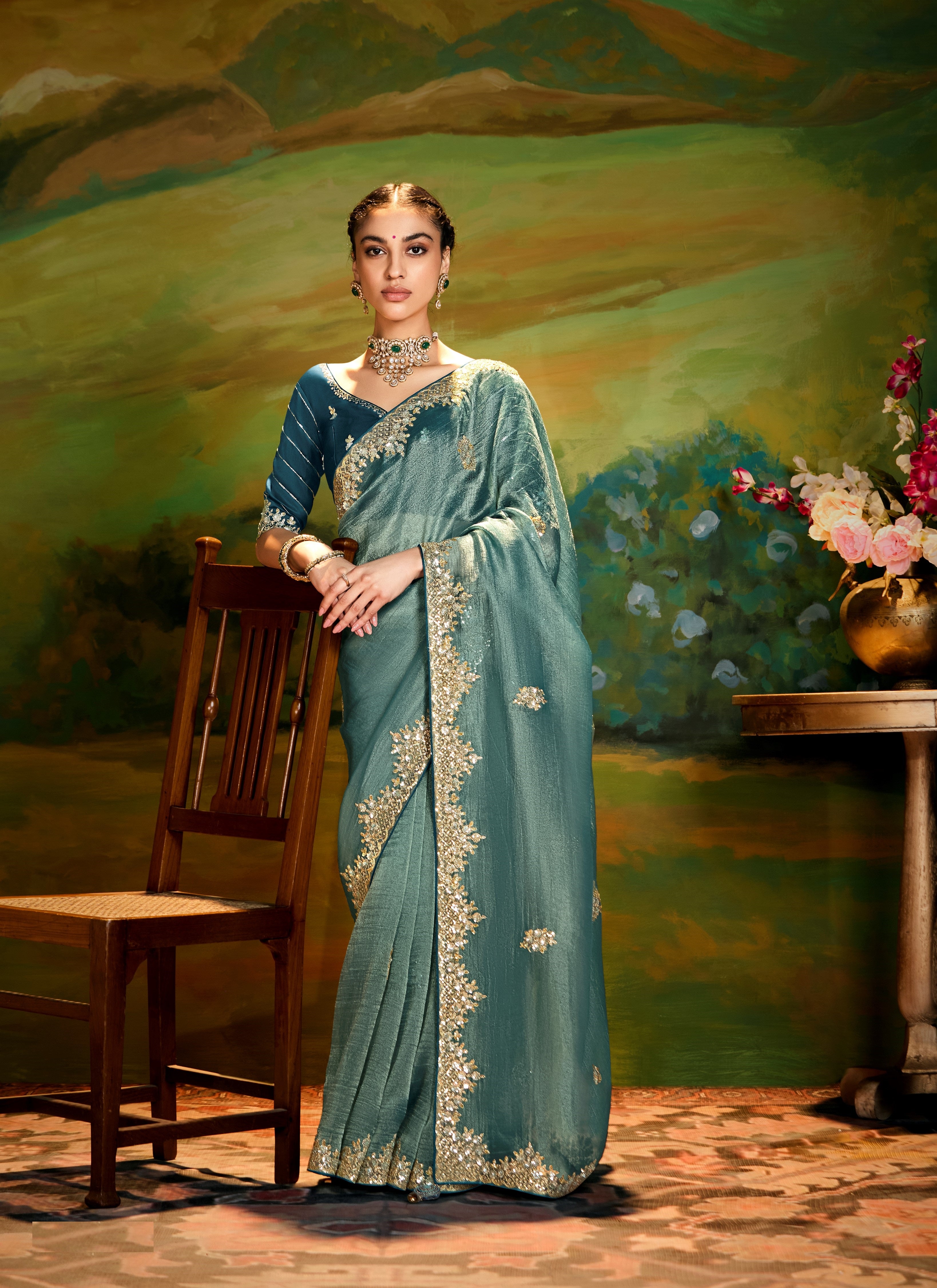 Teal Fancy Fabric Handwork Designer Saree