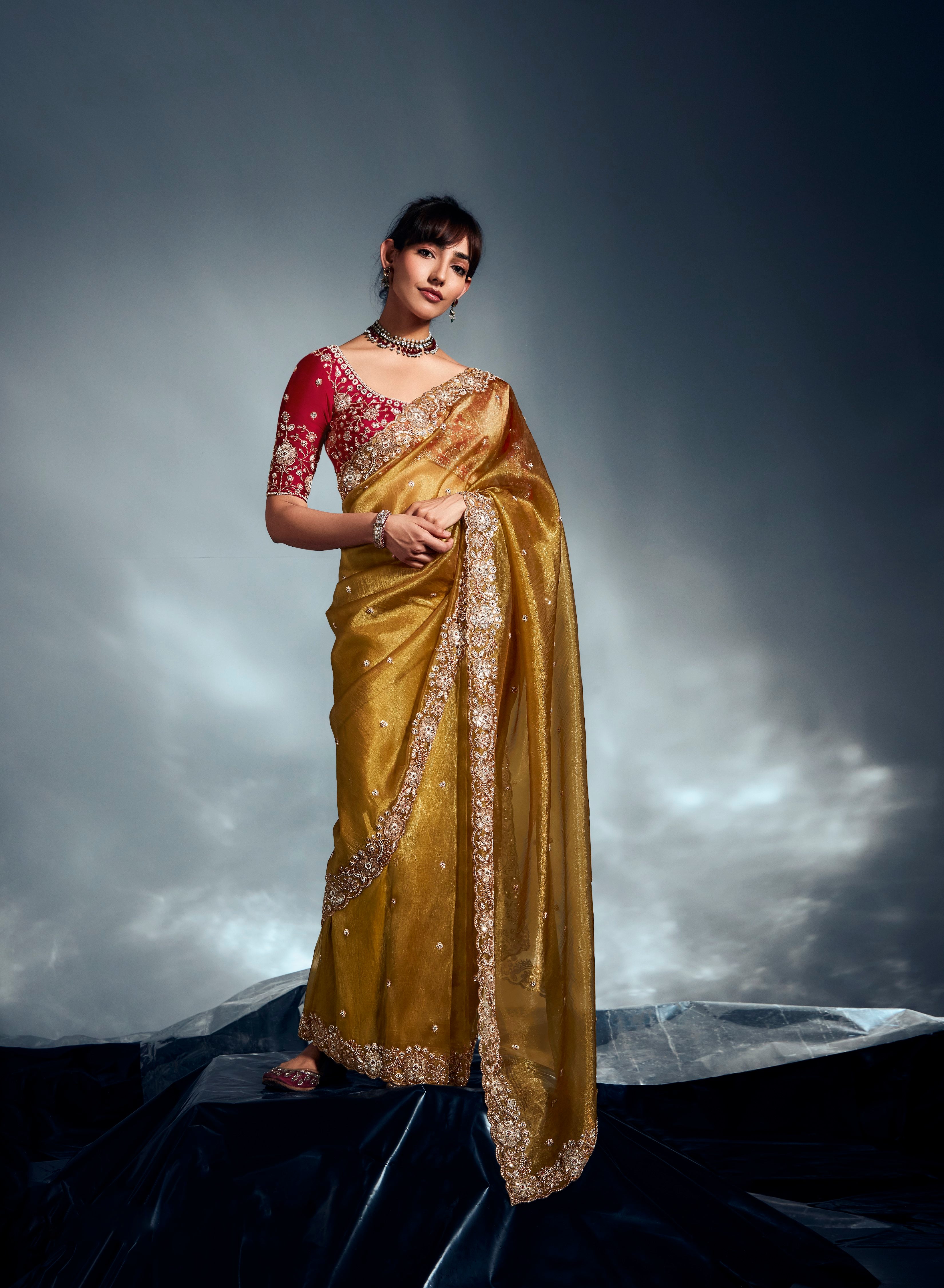 Mustard Yellow Tissue Organza Embroidered Saree