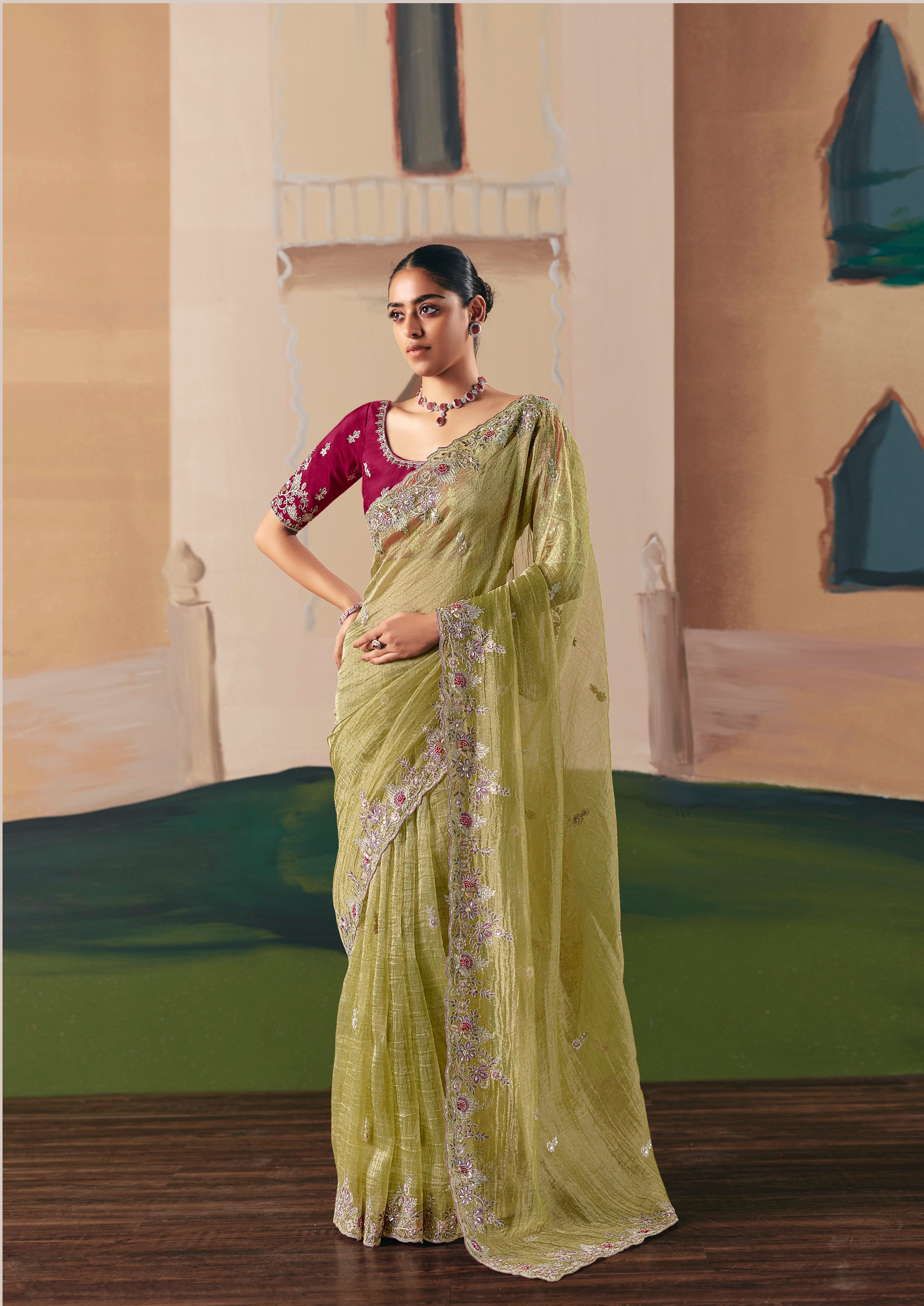 Green Fancy Fabric Sequence Work Saree