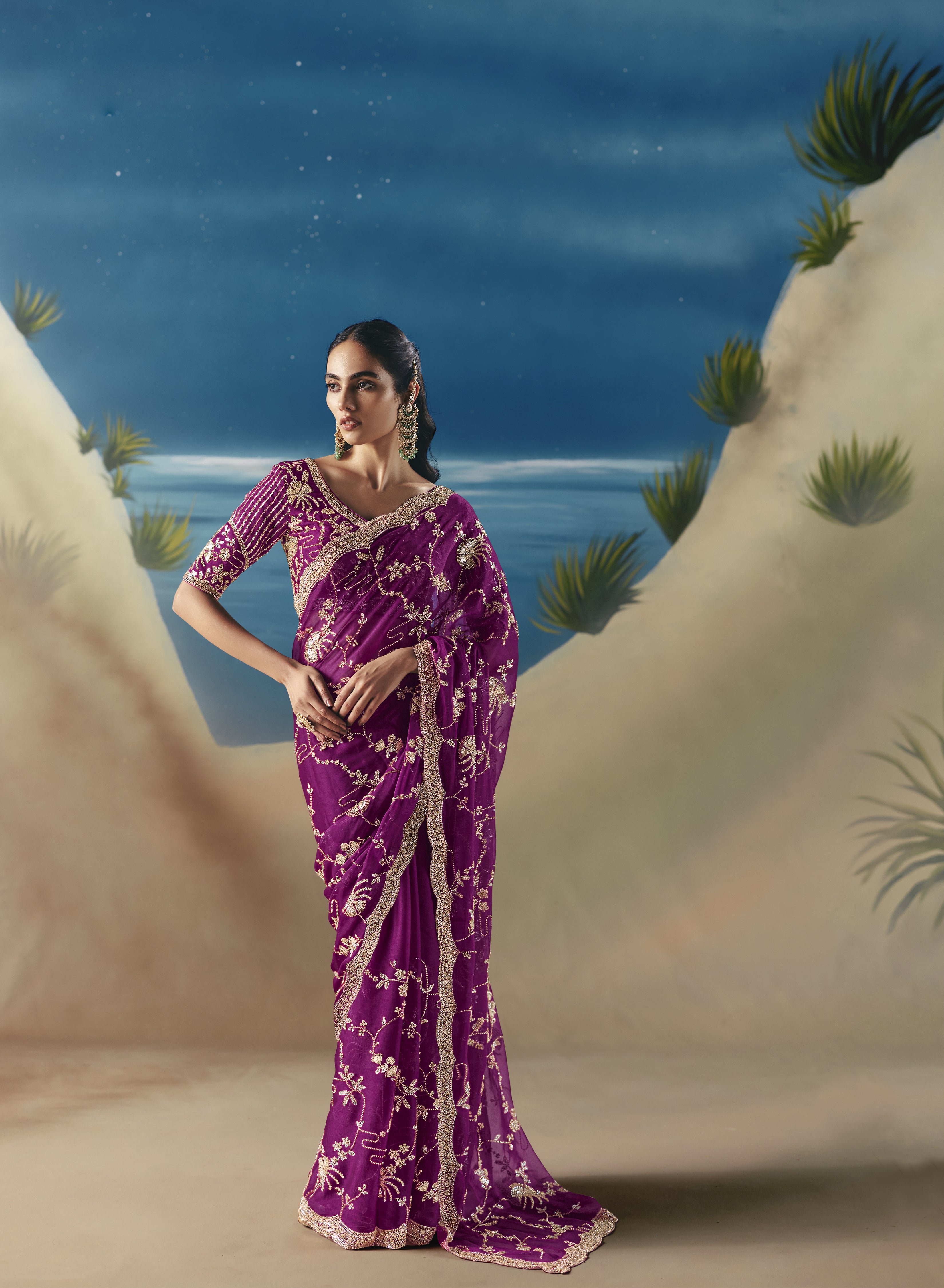 Magenta Satin Organza Embroidered Saree