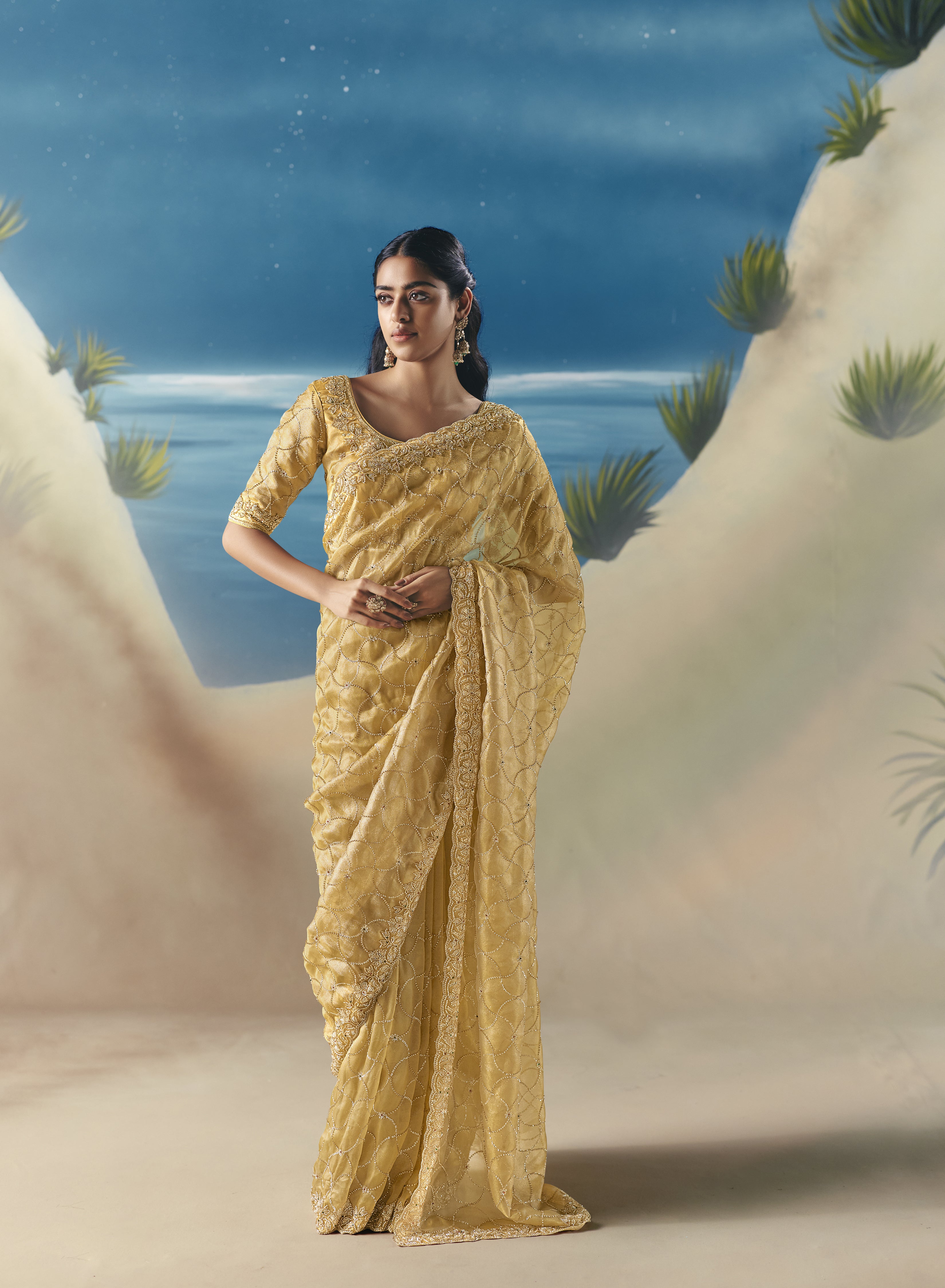 Yellow Satin Organza Embroidered Saree