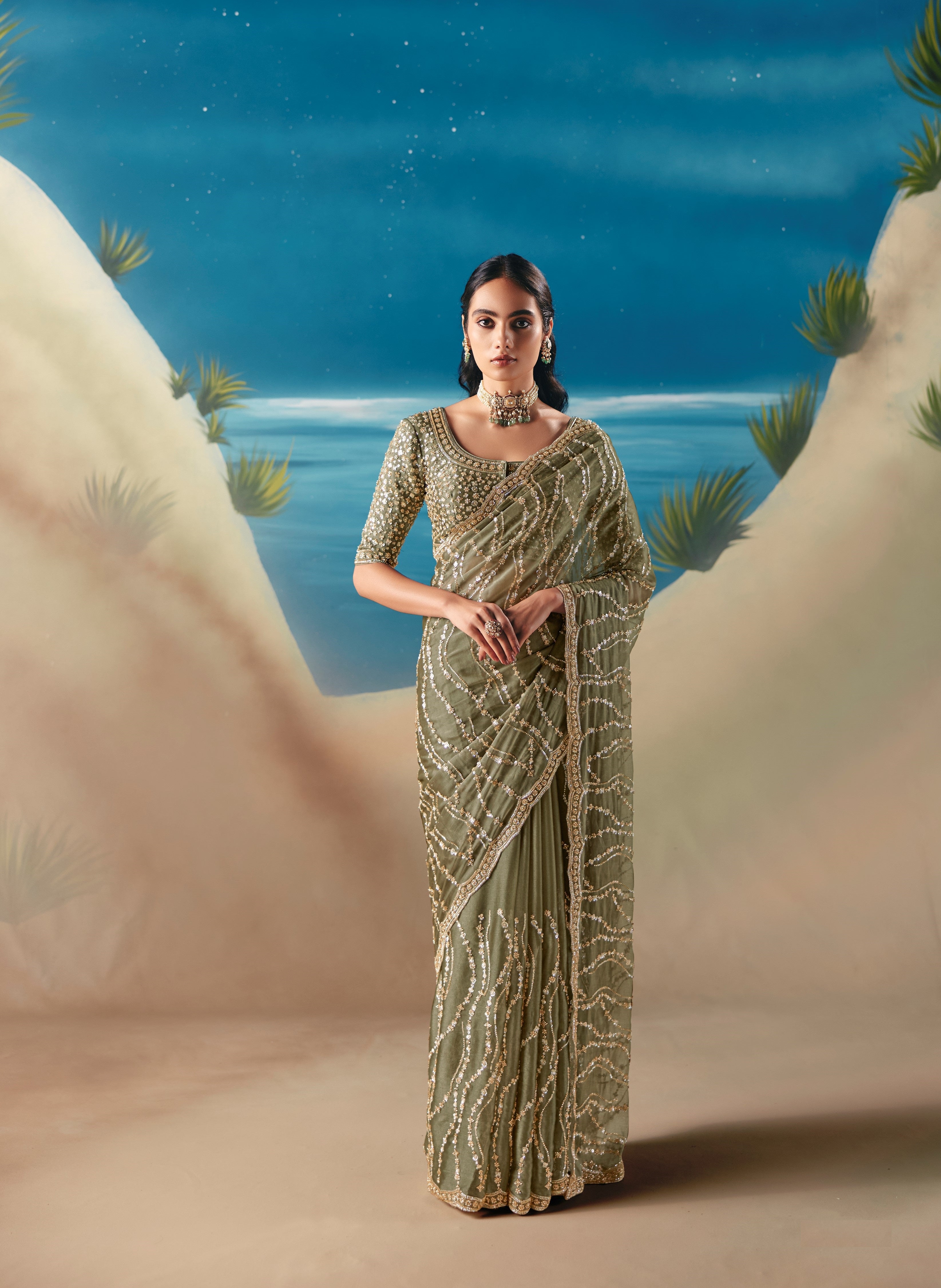 Olive Green Satin Organza Embroidered Saree
