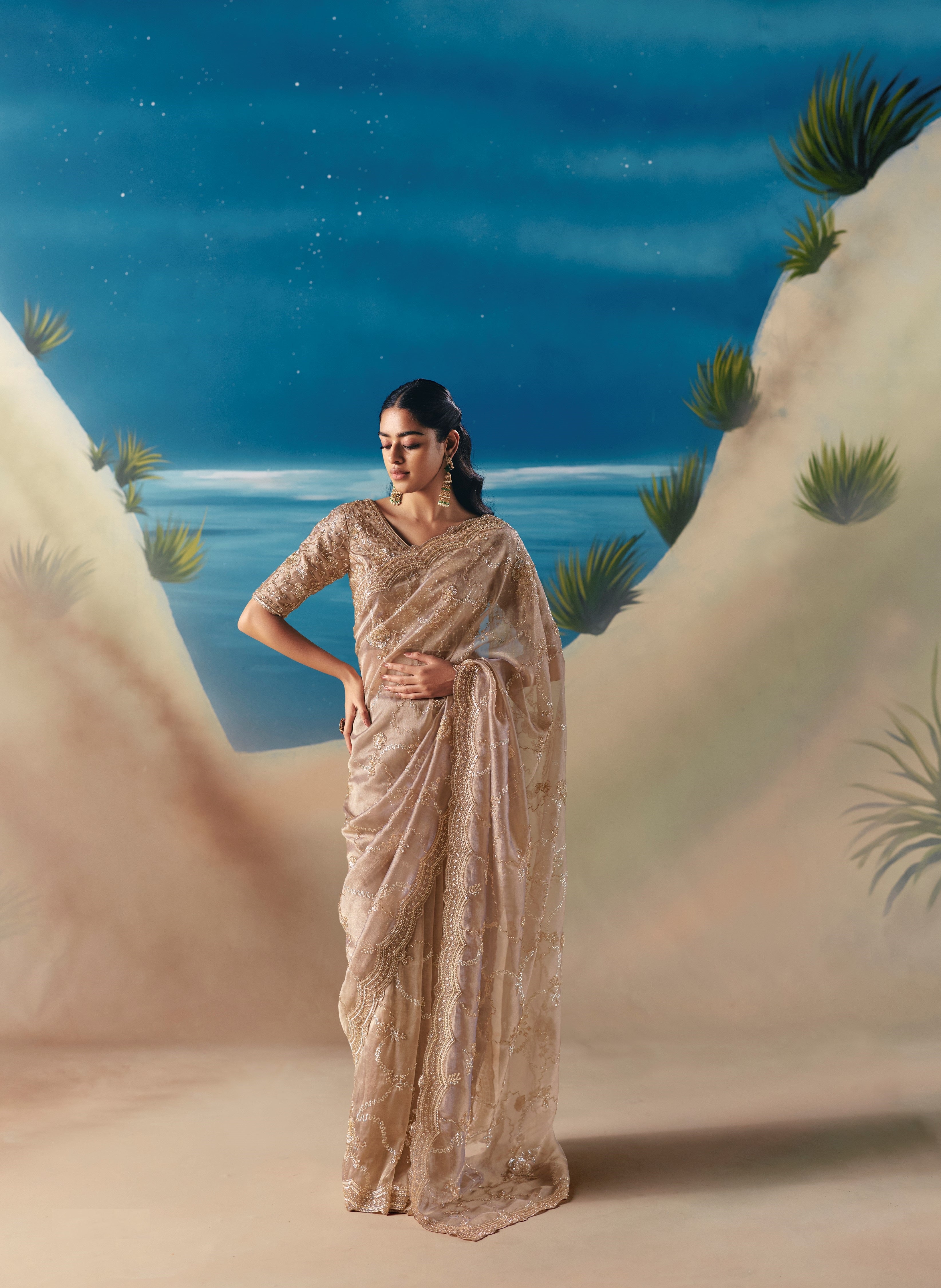 Beige Satin Organza Embroidered Saree