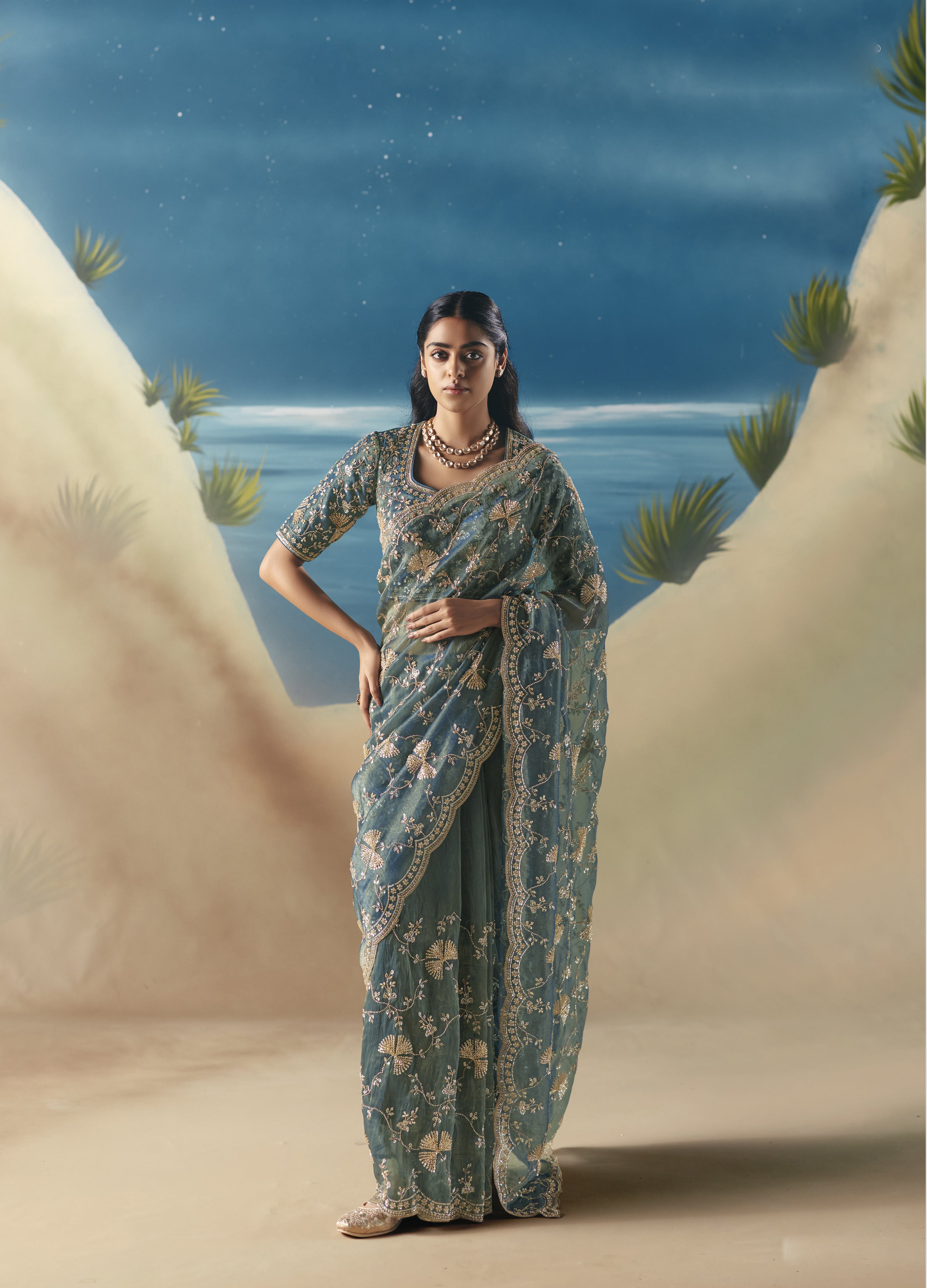 Teal Blue Satin Organza Embroidered Saree