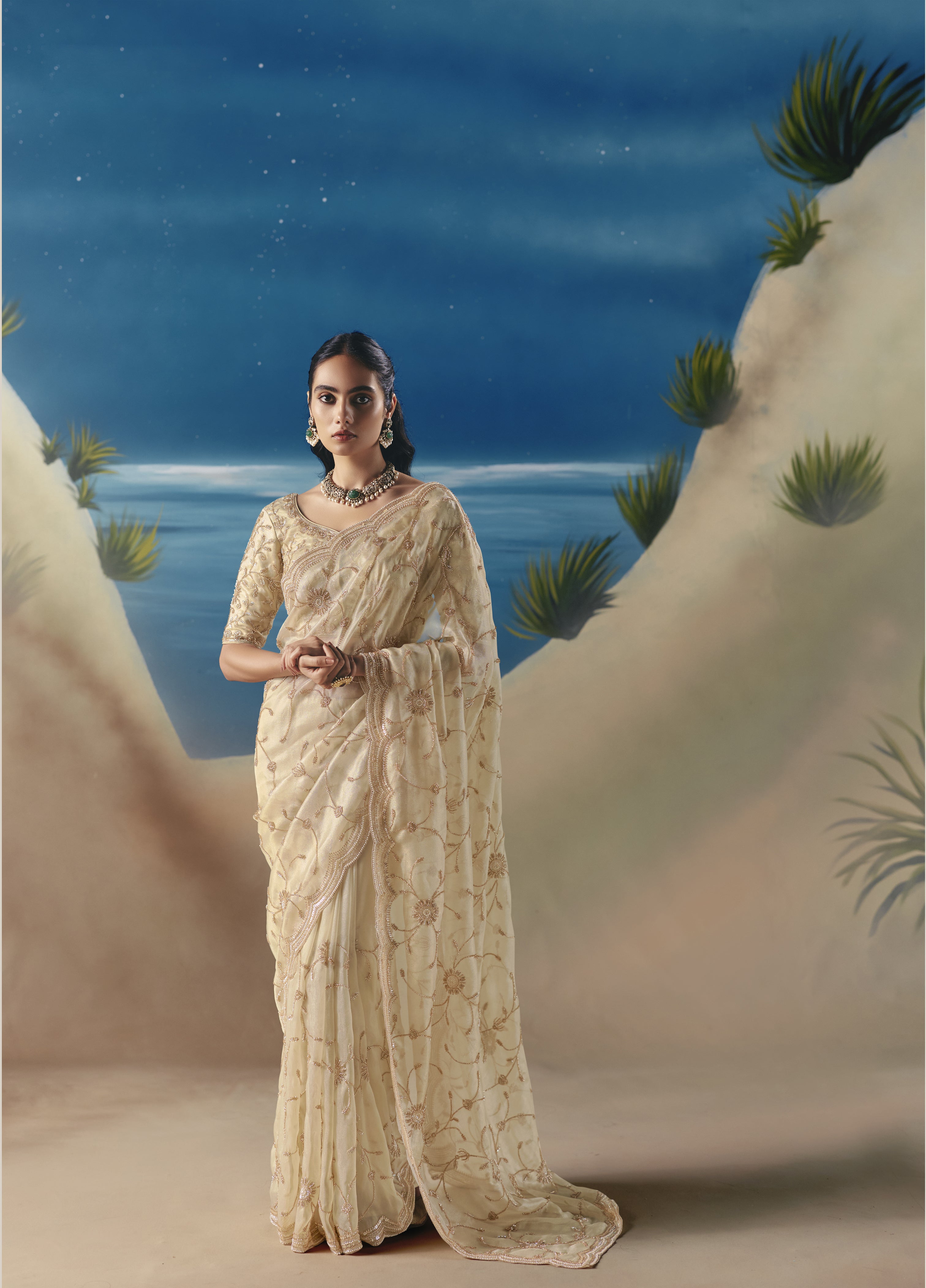 Cream Satin Organza Embroidered Saree