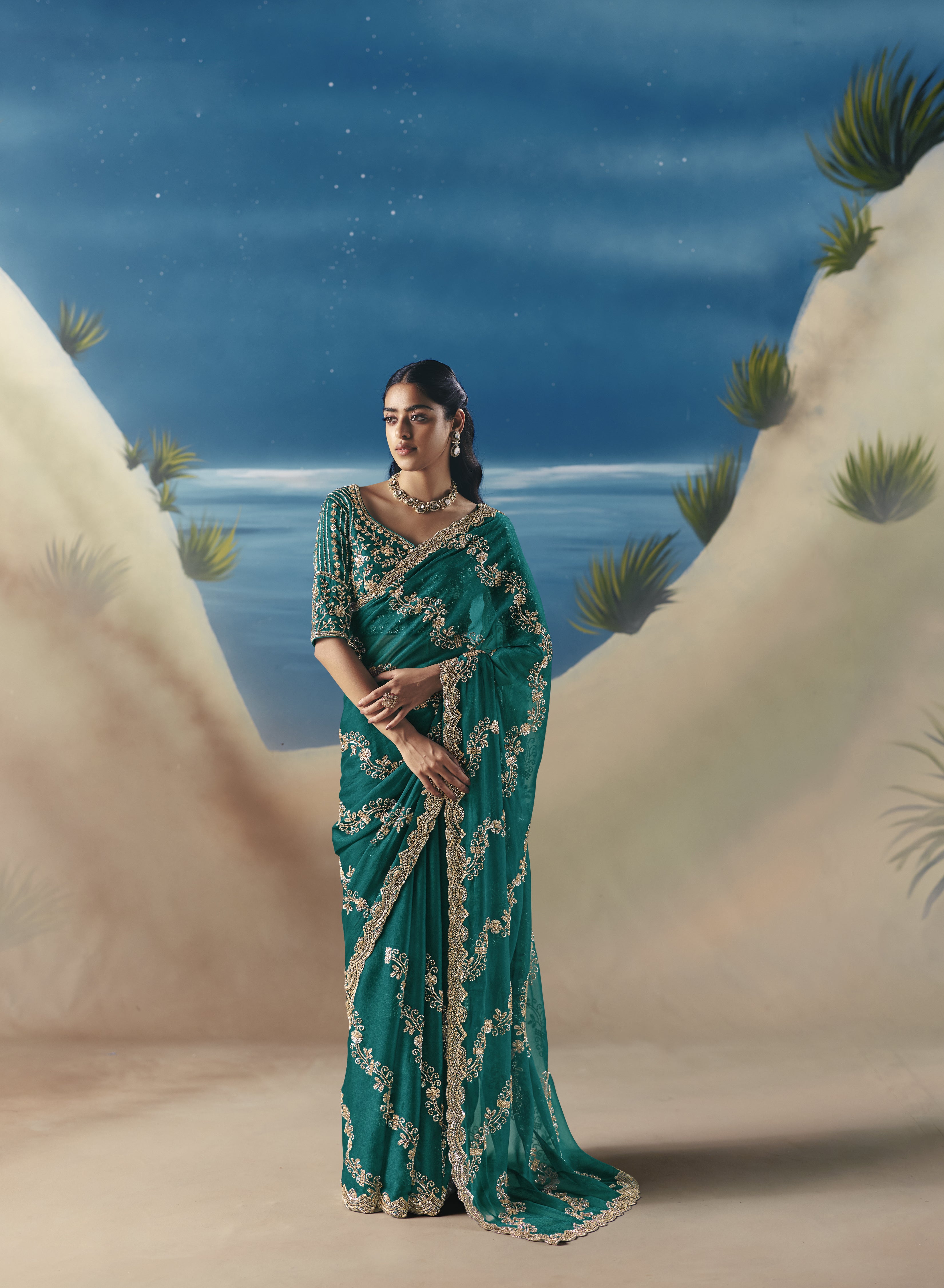 Emerald Green Satin Organza Embroidered Saree