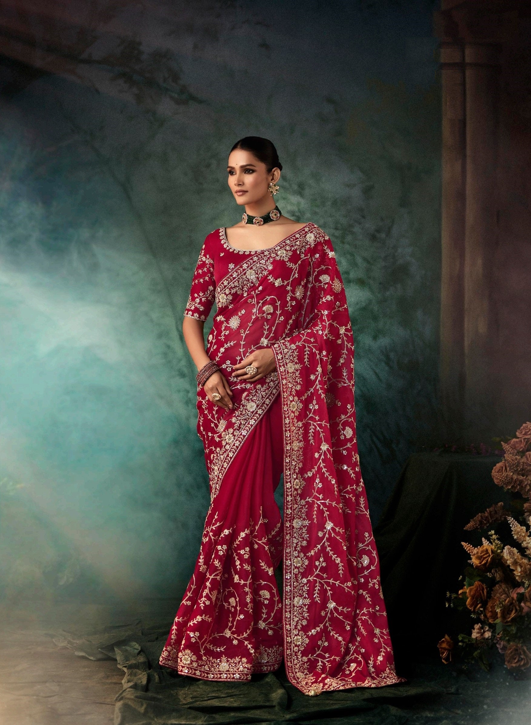 Maroon Natural Crepe Aari Work Handwork Saree